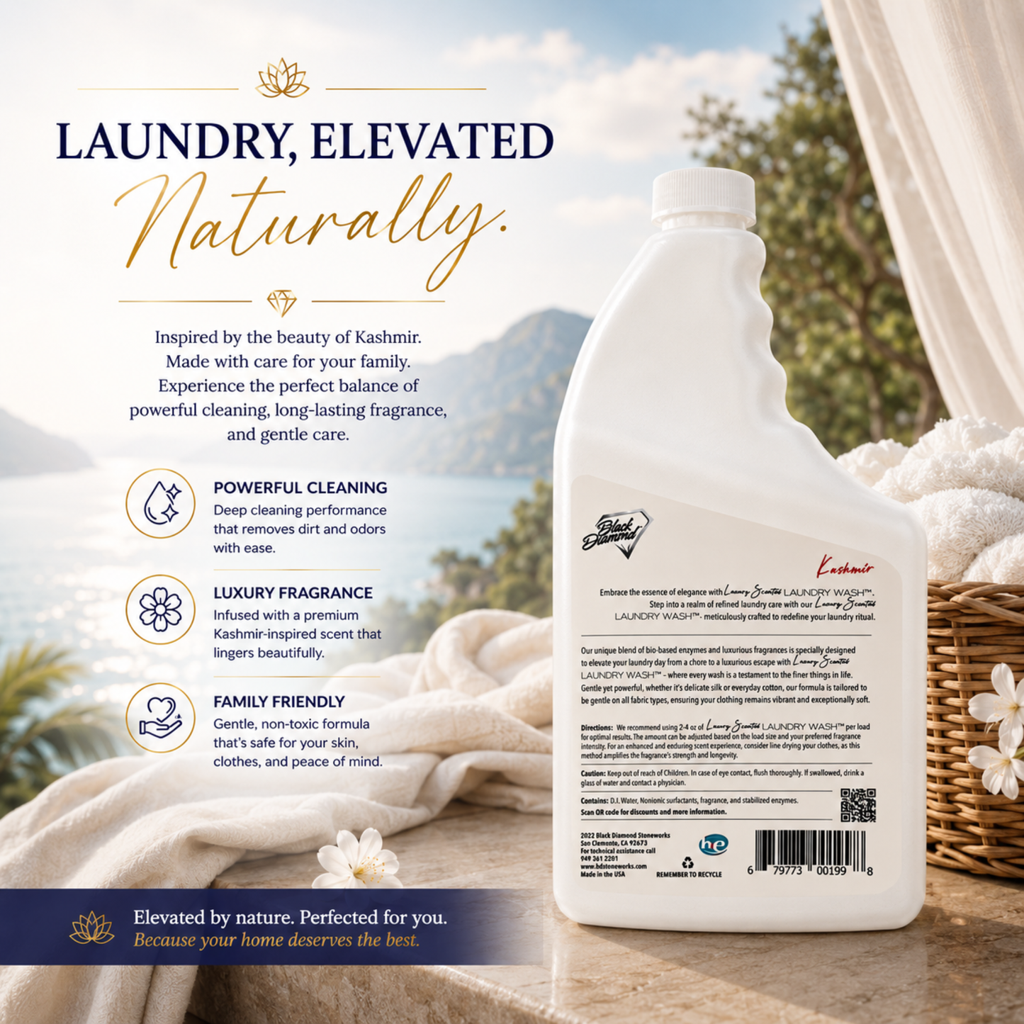 Laundry detergent bottle with mountain and towel background, emphasizing natural laundry care.