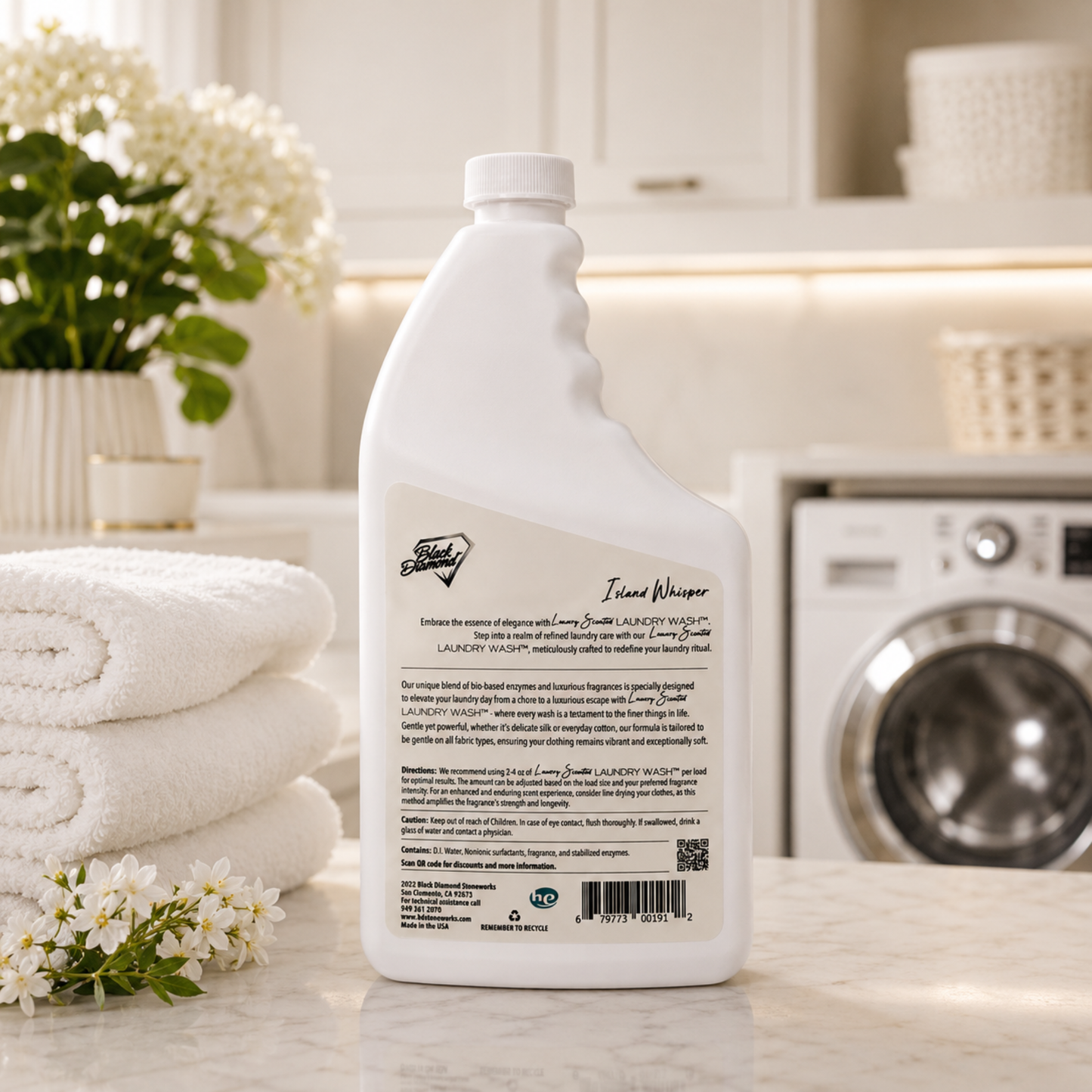 White laundry detergent bottle showing the back label and information on how to use it.