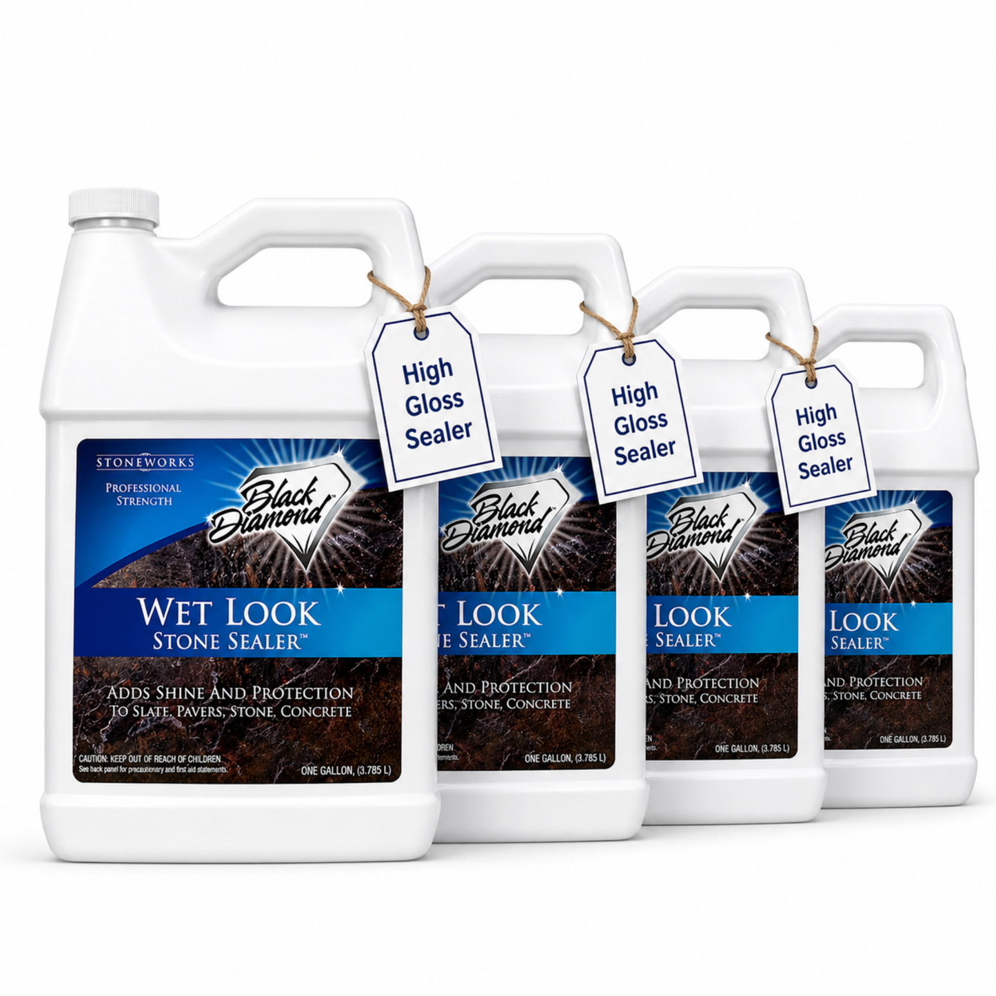 Four bottles of Black Diamond Wet Look Stone Sealer on a white background