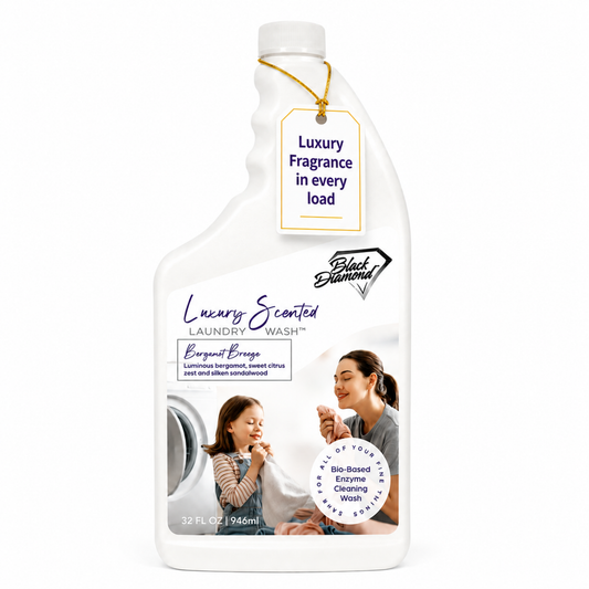 White laundry detergent bottle with a label featuring a woman and child, on a white background.