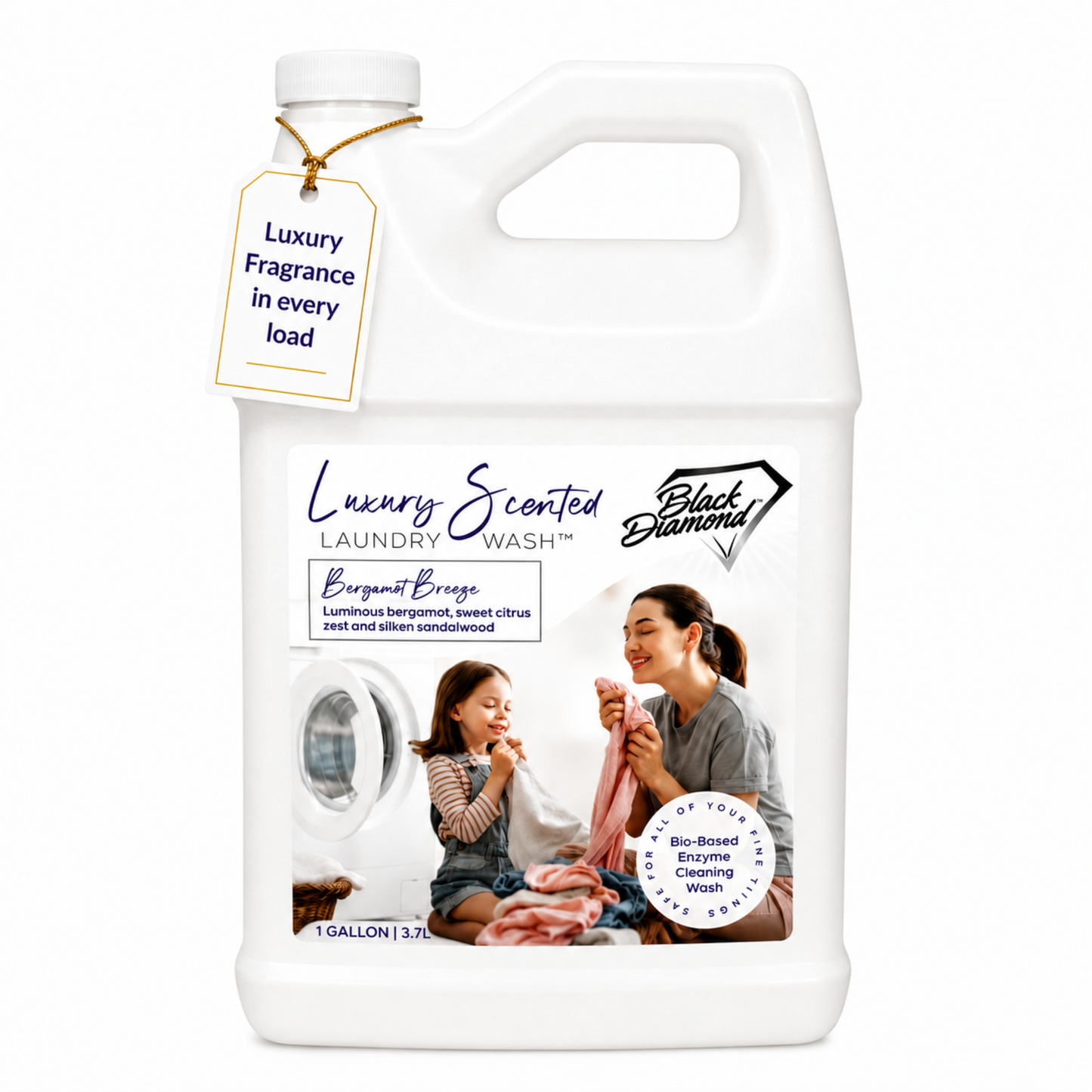 White laundry detergent bottle with a label featuring a woman and child, and text about luxury scented laundry wash.