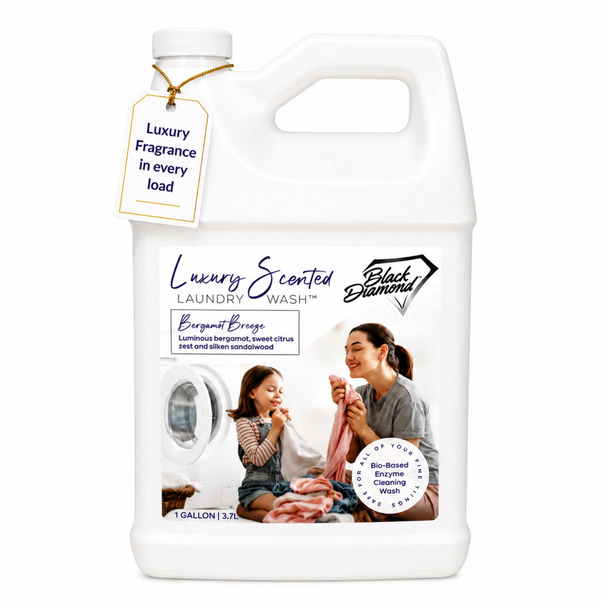 White laundry detergent bottle with a label featuring a woman and child, and text about luxury scented laundry wash.