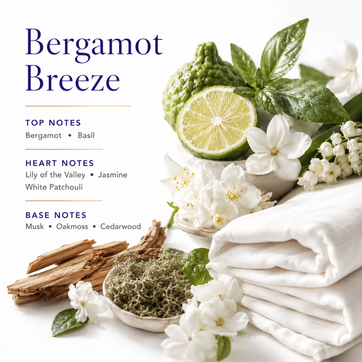 Bergamot Breeze fragrance description with bergamot, lime, basil, lily of the valley, jasmine, white patchouli, musk, oakmoss, and cedarwood.