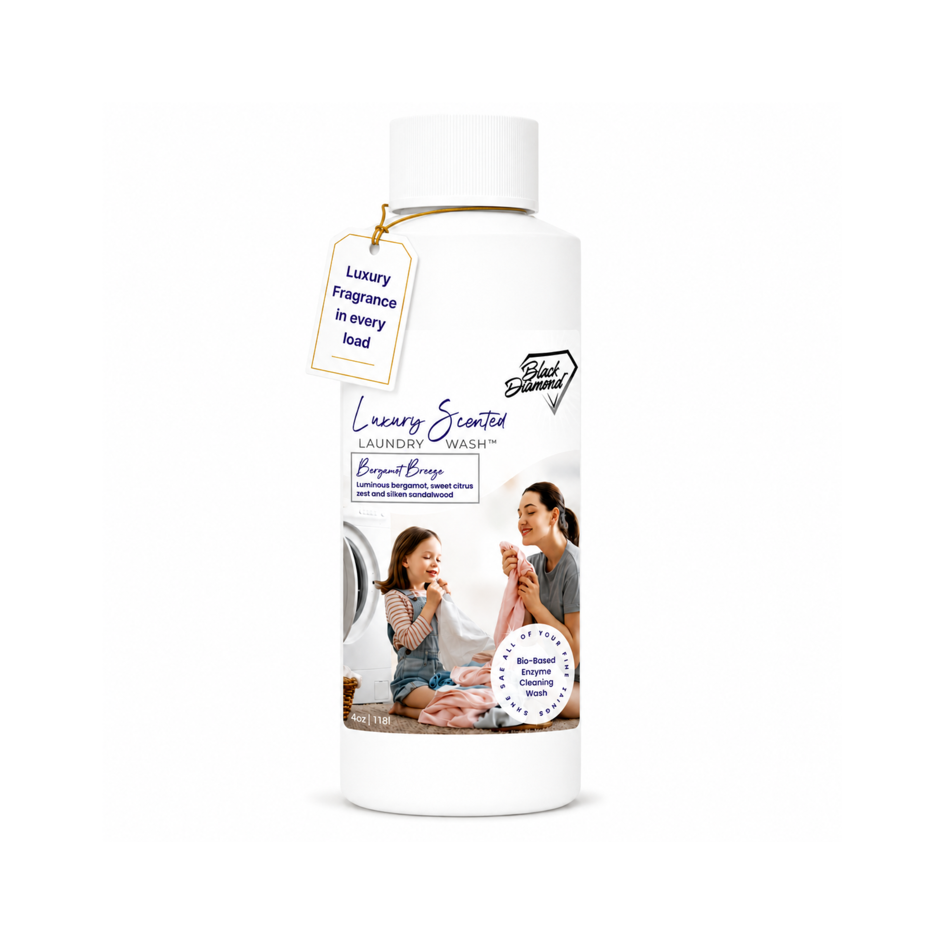 White laundry detergent bottle with a label featuring a woman and child at a washing machine, on a white background.