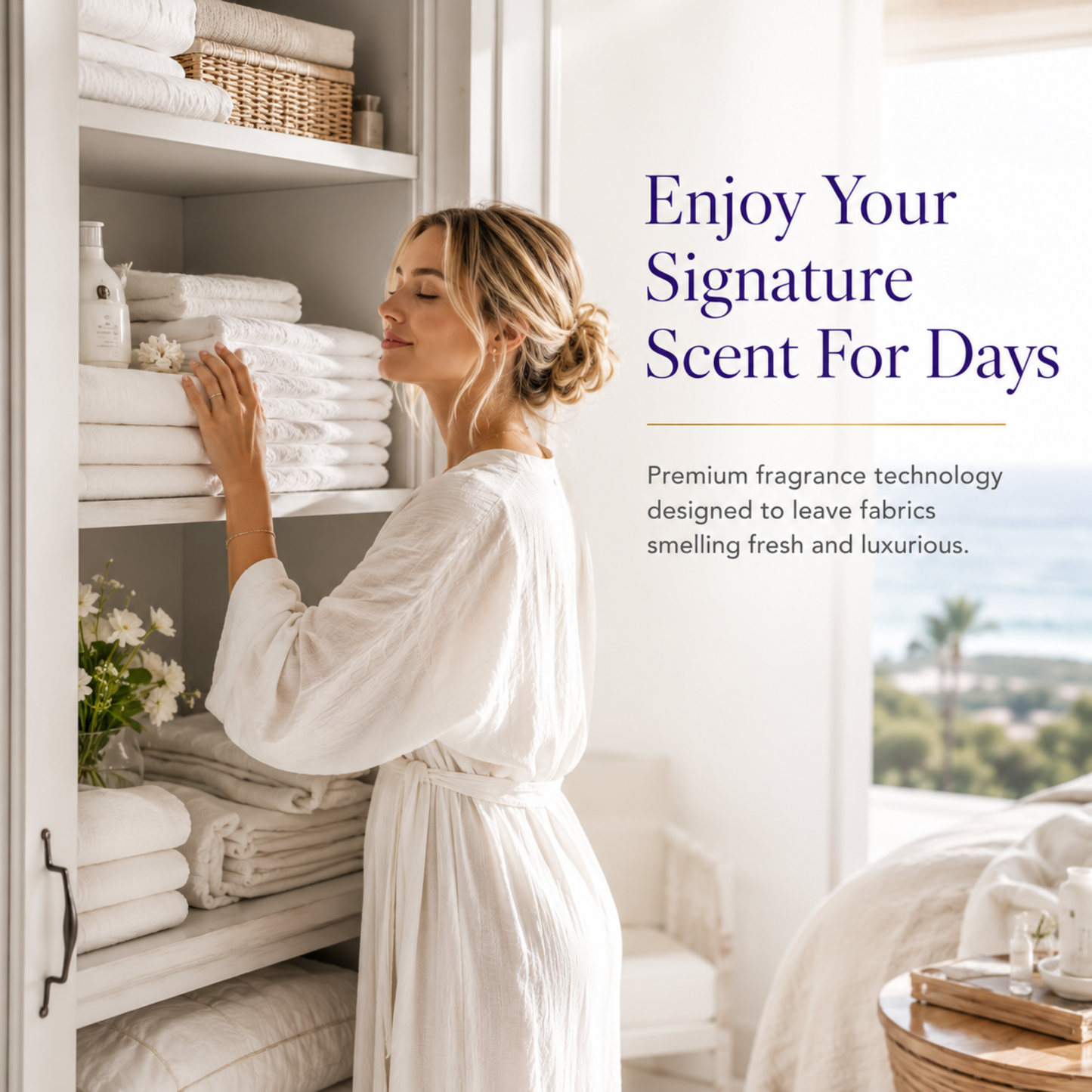 Woman in a white robe standing in front of a shelf with folded towels, with text about premium fragrance technology.