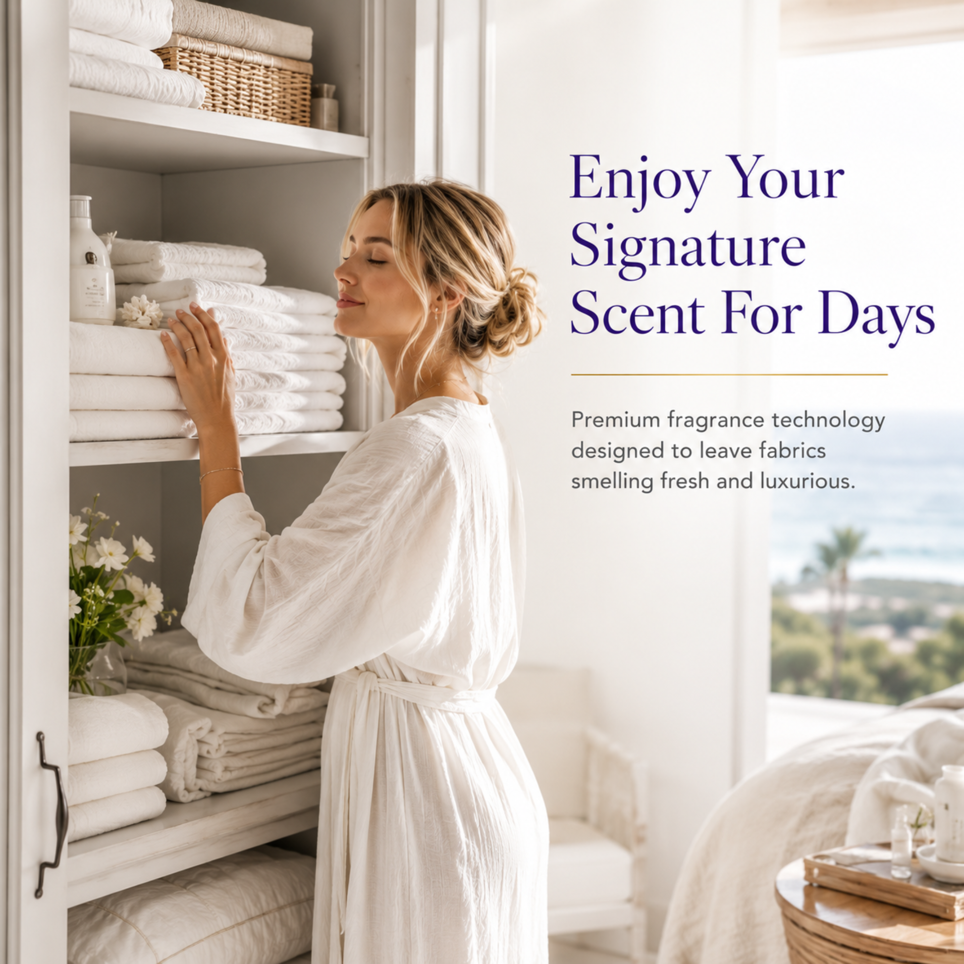 Woman in a white robe standing in front of a shelf with folded towels, with text about premium fragrance technology.