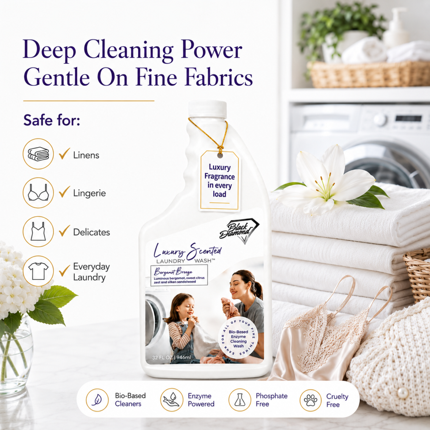 Laundry detergent bottle with packaging featuring a family and text about product features, placed against a laundry room background.