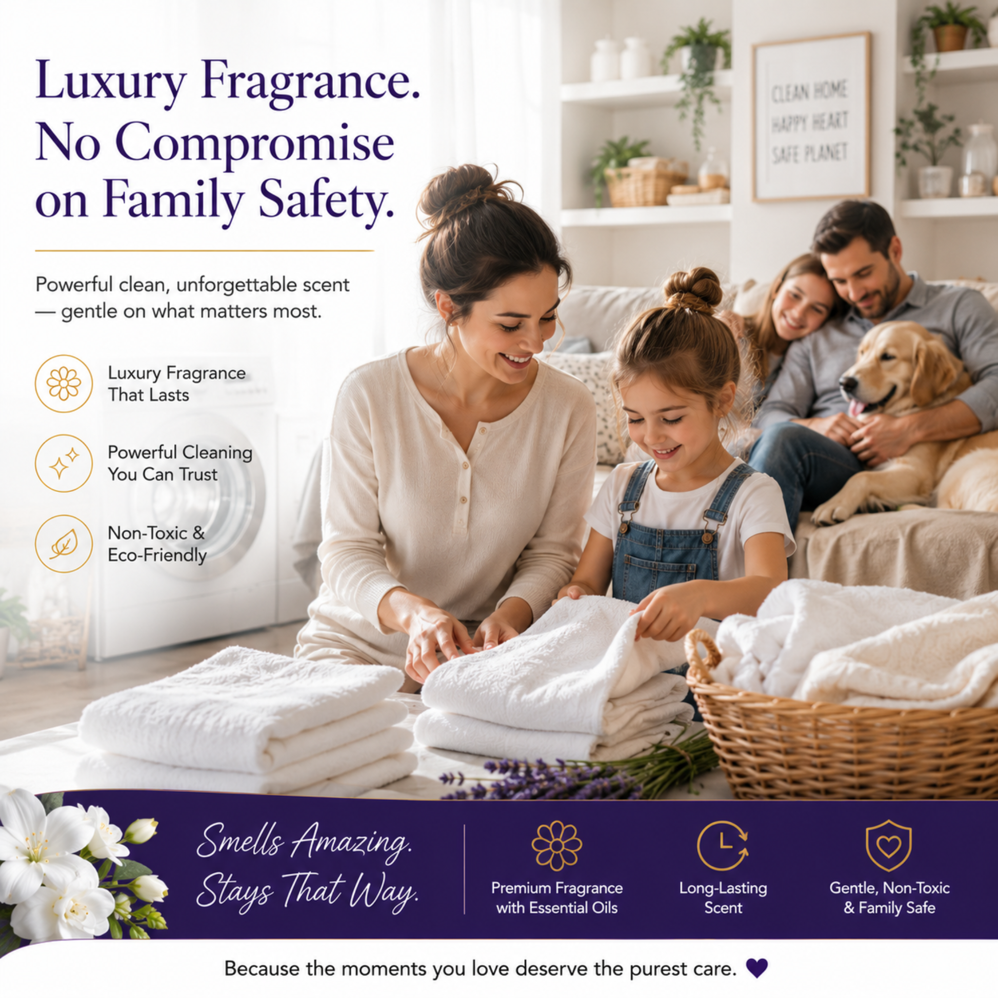 Family in a living room with towels and a dog, emphasizing family safety and luxury fragrance.