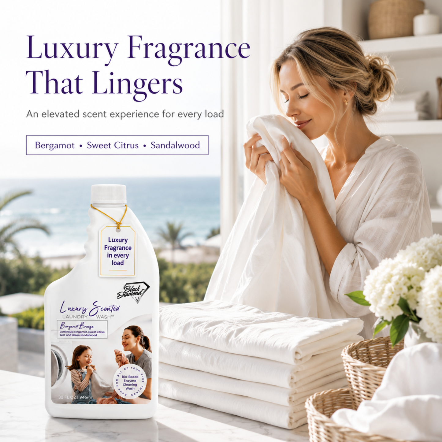 Woman holding a towel with a bottle of laundry detergent labeled 'Luxury Fragrance That Lingers' in a bright room.
