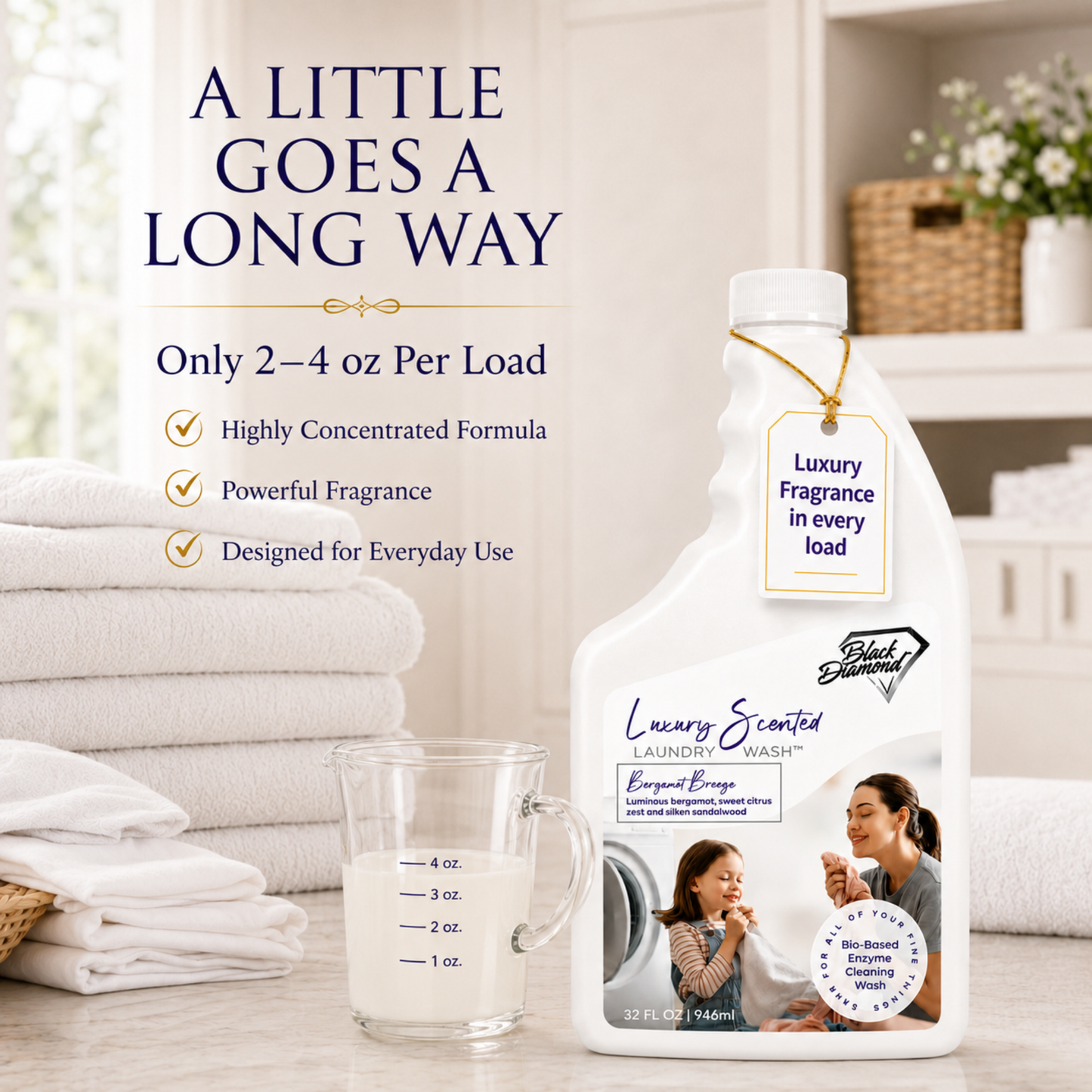 Laundry detergent bottle with measuring cup and text about concentrated formula and fragrance