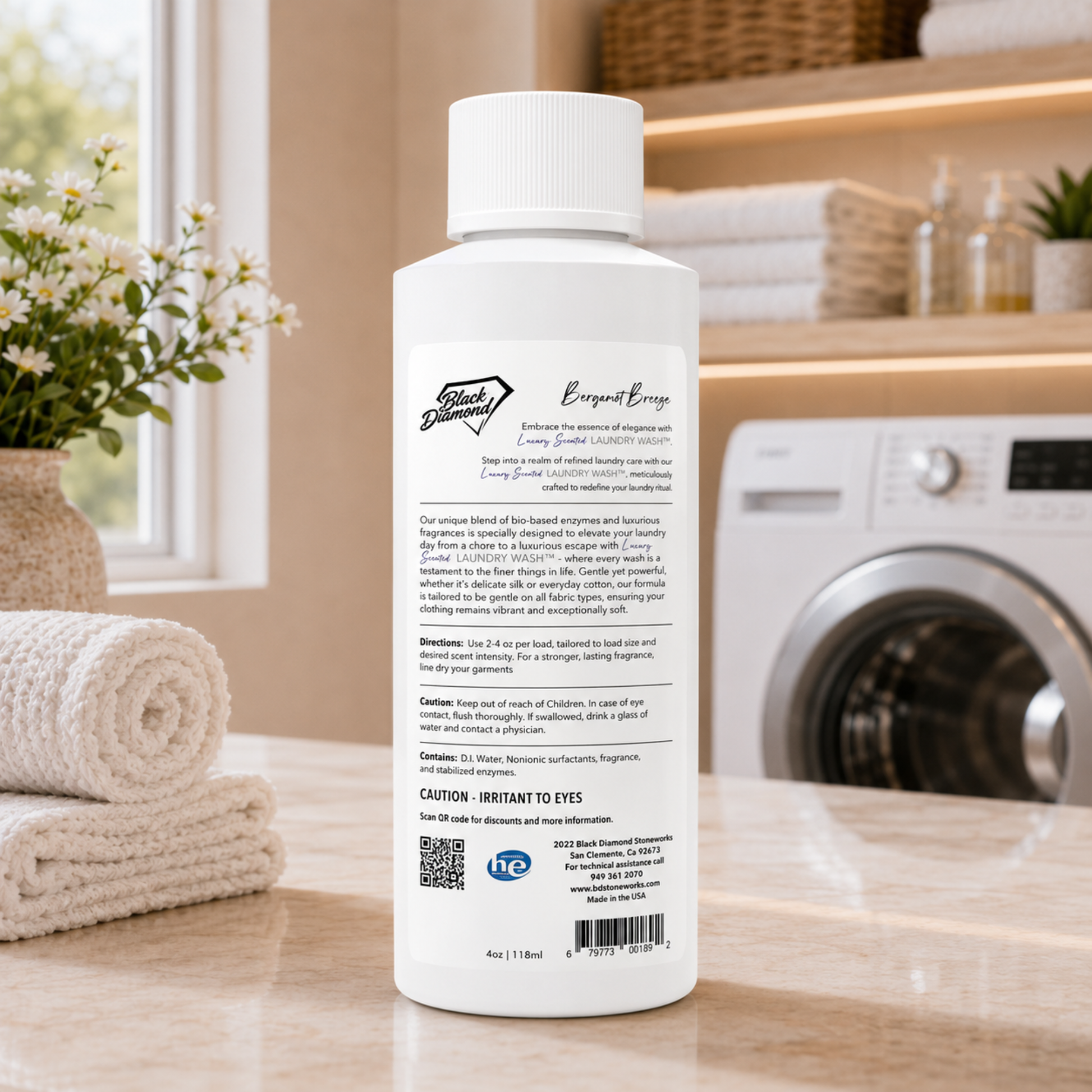 White bottle with text on a wooden surface in a laundry room.