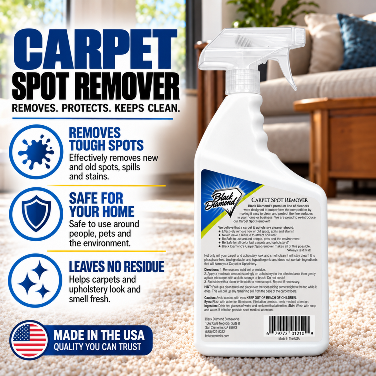 Black Diamond Stoneworks Carpet Spot Remover – Carpet & Upholstery Cleaner for Rugs, Couches, Car Seats & Fabric Surfaces – Removes Dirt, Pet Messes, Coffee & Wine Stains
