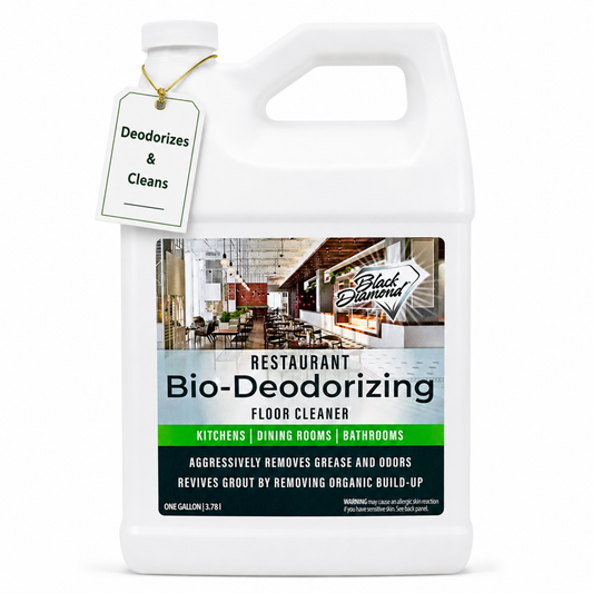 A one-gallon white plastic jug of Black Diamond Restaurant Bio-Deodorizing Floor Cleaner, featuring a hanging tag that reads 'Deodorizes & Cleans' on a clean white background.