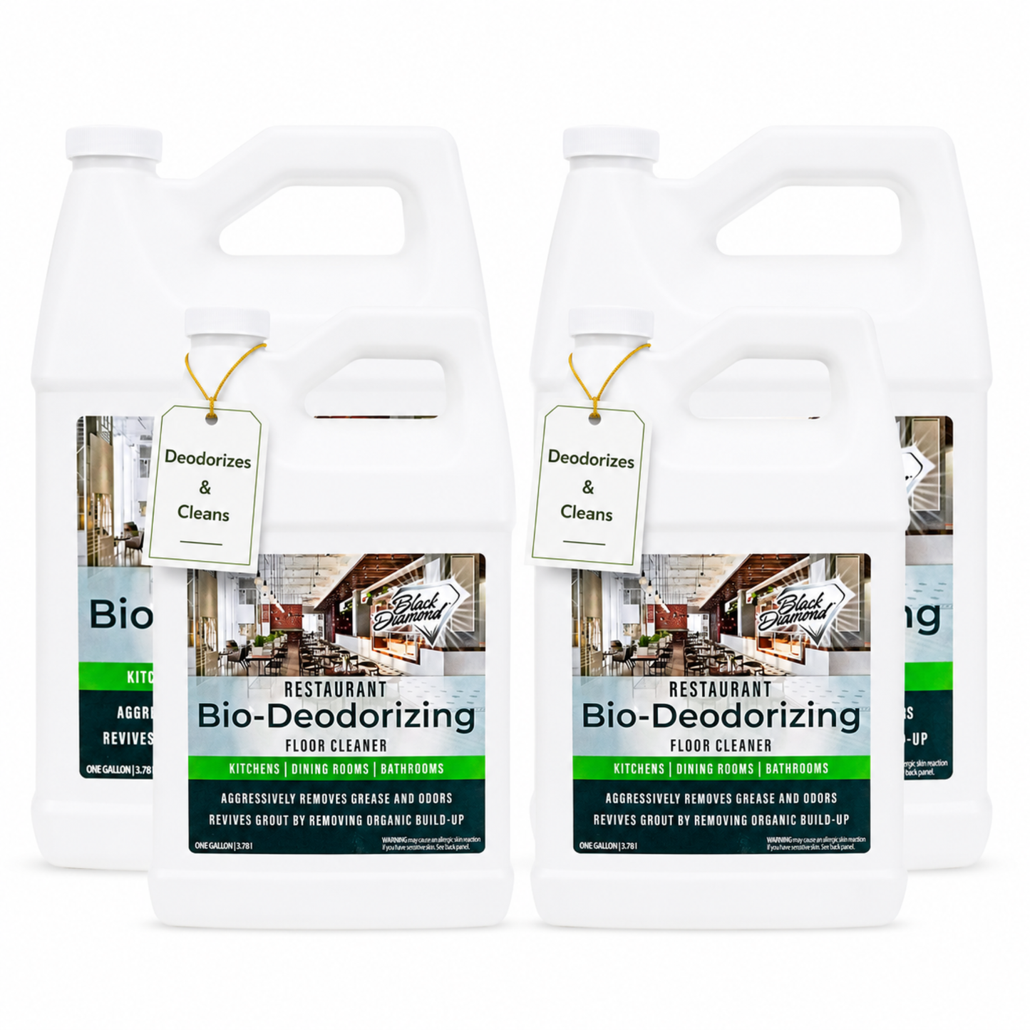 four white plastic jugs of Restaurant Bio-Deodorizing Floor Cleaner.