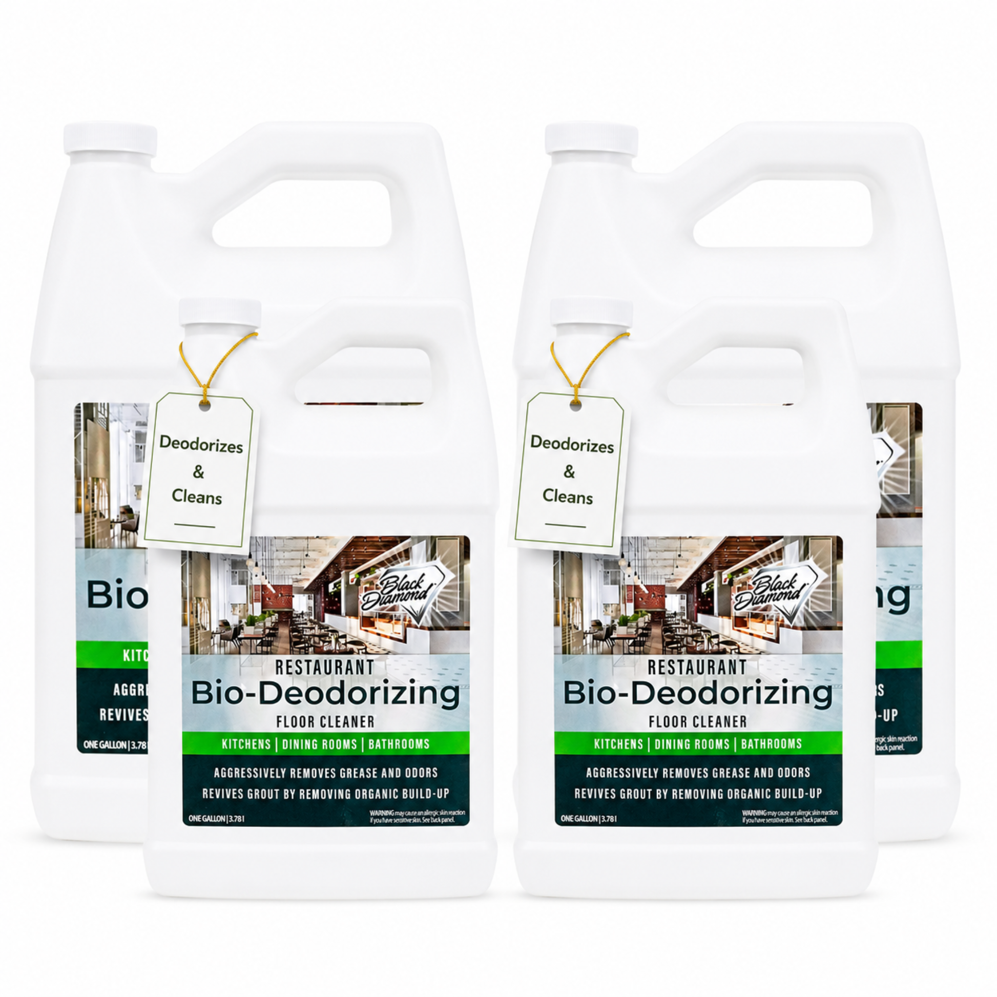 four white plastic jugs of Restaurant Bio-Deodorizing Floor Cleaner.