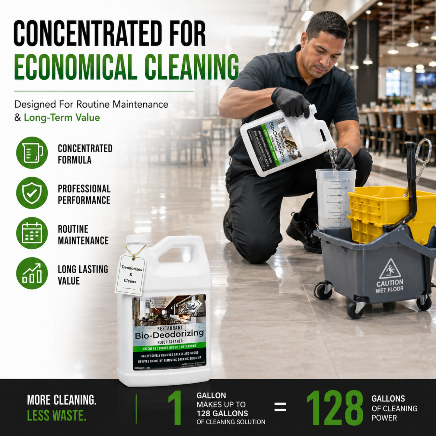 A man kneels in a wet cleaning room while pouring liquid from a large white jug labeled Bio-Deodorizing Clean Liquid onto a measuring cup. The image includes product text, feature icons, and a wet cart, with the product bottle shown prominently in the lower left.