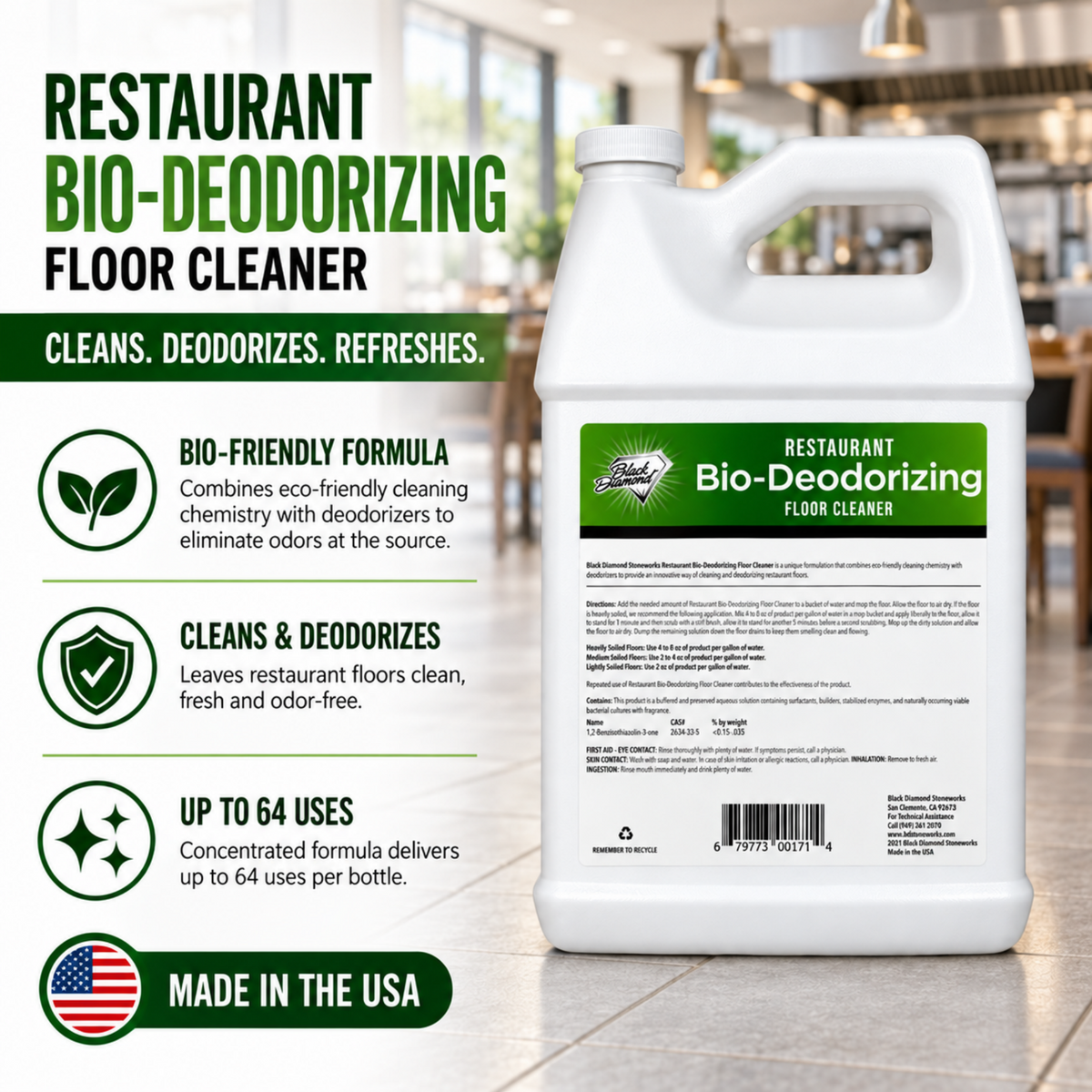 Restaurant Bio-Deodorizing Floor Cleaner Heavy Duty Commercial Concentrated Enzyme Degreaser and Odor Eliminator for Use in Mopping Bathroom, Kitchen, and Dining Room. Removes Grease and Urine Odors.