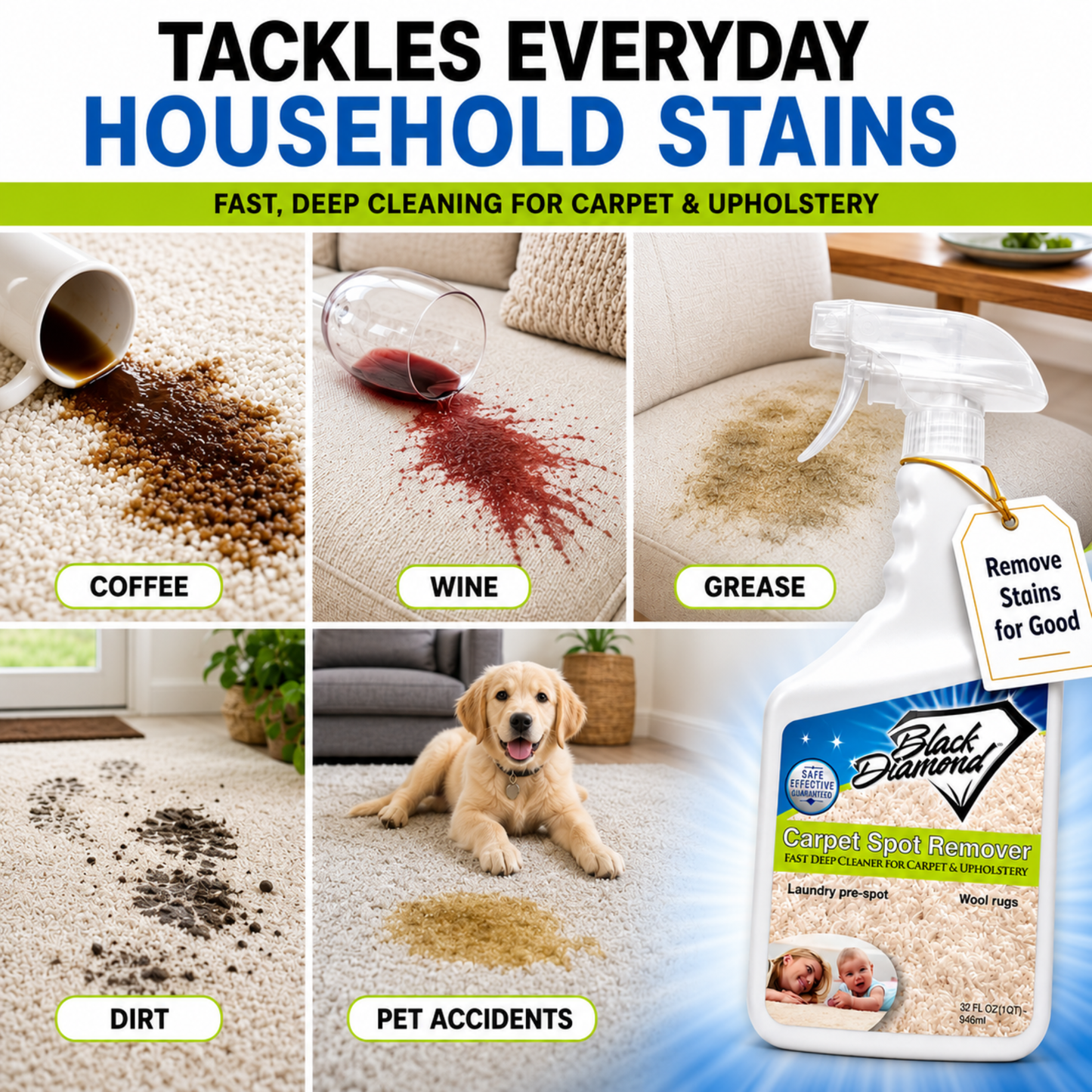 Black Diamond Stoneworks Carpet Spot Remover – Carpet & Upholstery Cleaner for Rugs, Couches, Car Seats & Fabric Surfaces – Removes Dirt, Pet Messes, Coffee & Wine Stains