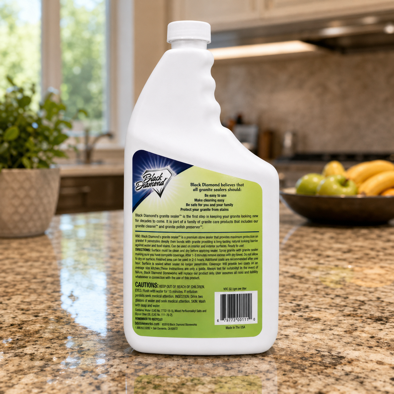 Bottle of Black Diamond cleaner on a kitchen counter with a blurred background