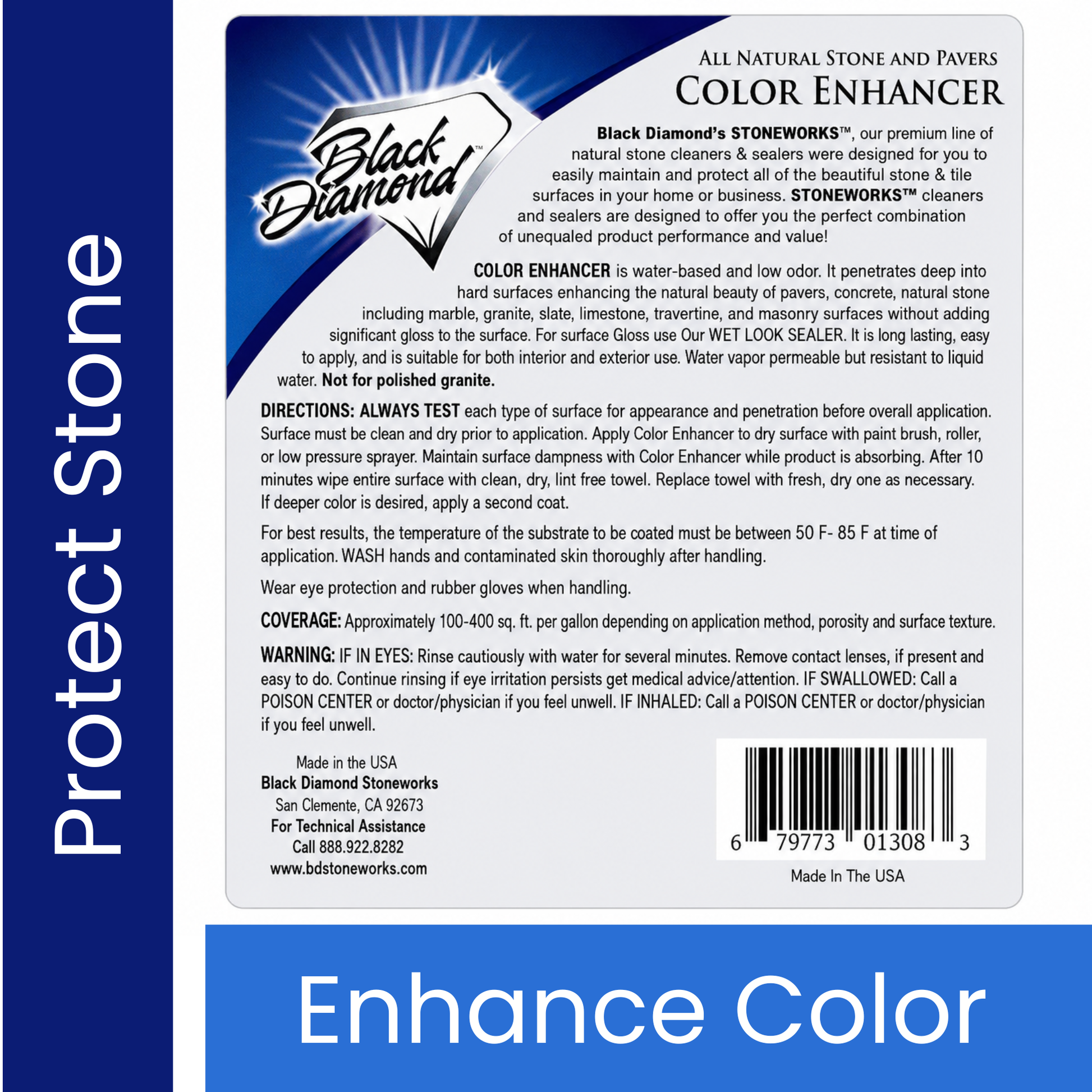 Back label of Black Diamond Stoneworks color enhancer with text and branding.