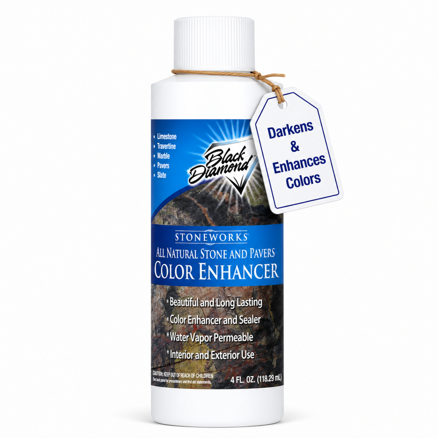 Bottle of Black Diamond Stoneworks Color Enhancer with a tag on a white background