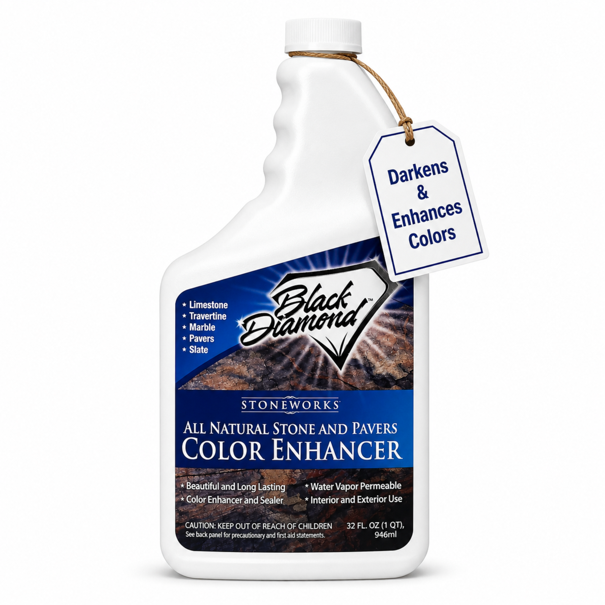 White bottle of Black Diamond Stoneworks Color Enhancer with a tag on a white background