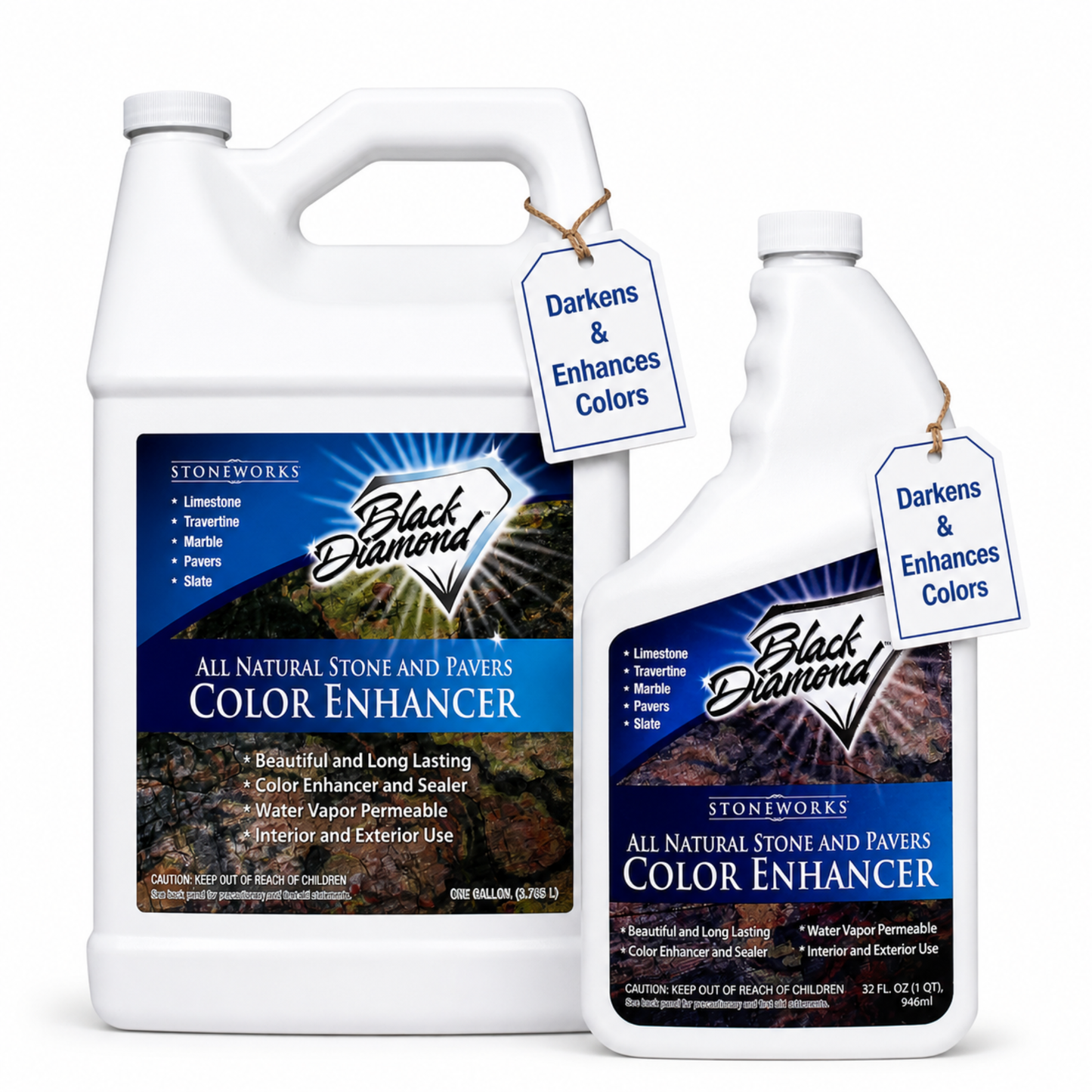 Two bottles of Black Diamond Stoneworks Color Enhancer on a white background