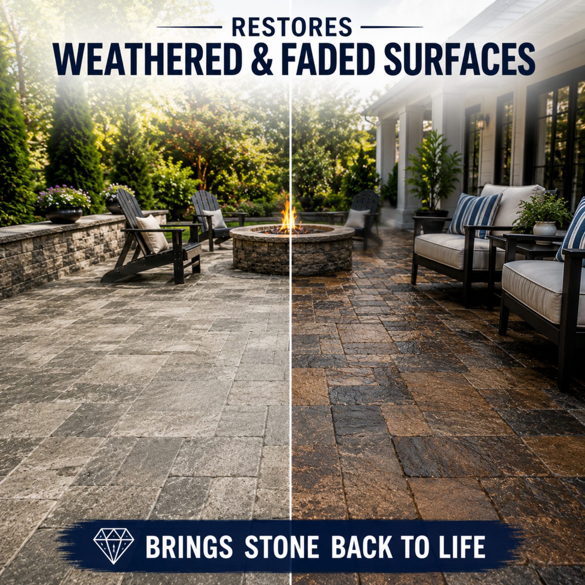Before and after comparison of a patio with weathered stone and modern furniture.