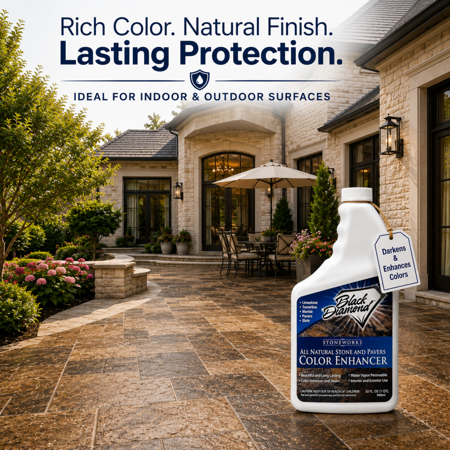 Product advertisement for a stone and pavement color enhancer with a house and patio in the background.