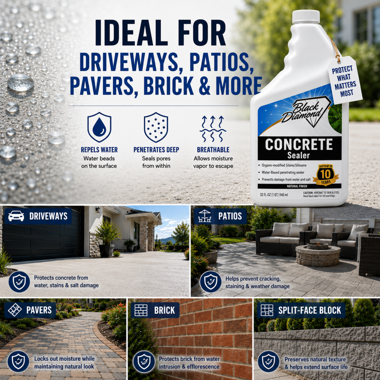 Concrete Sealer Clear Penetrating Waterproofing Spray, The Best Sealant to Seal Your Driveway, Cement Patio Pavers, Brick, Stone Or Any Outdoor Hard Surface.