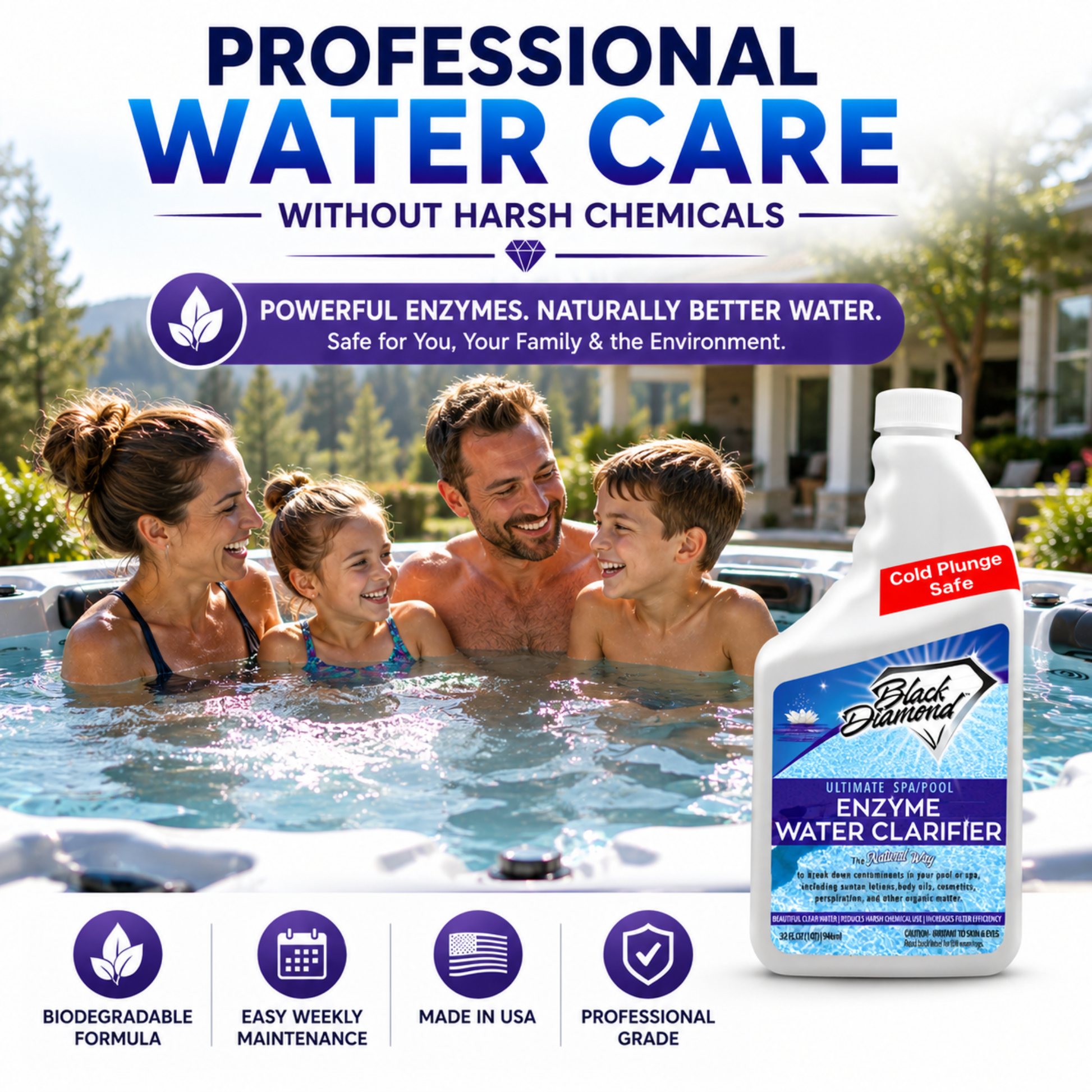 Family enjoying a hot tub with a bottle of Black Diamond Enzyme Water Clarifier in the foreground.