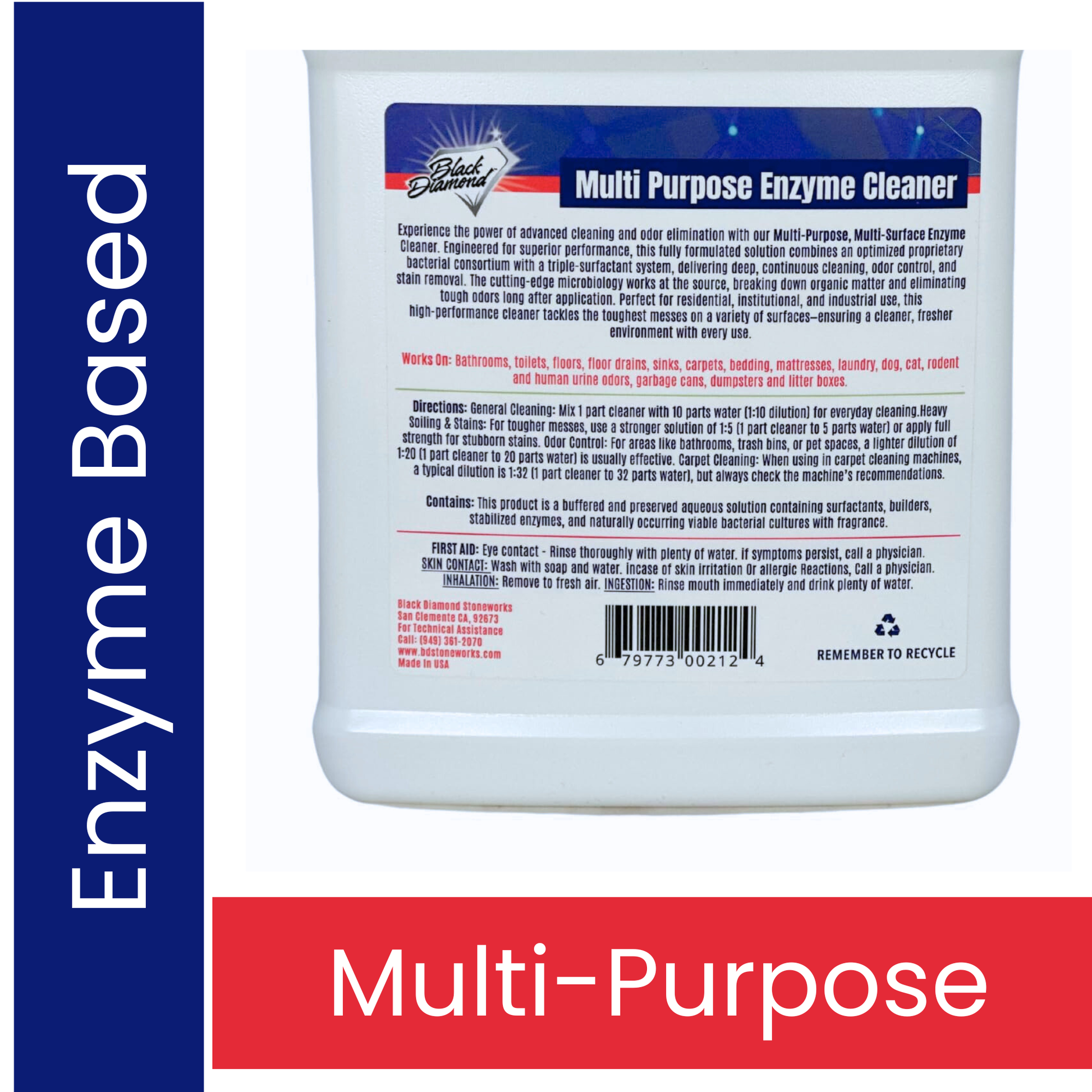 Multi-purpose enzyme cleaner container with text and branding on a white background