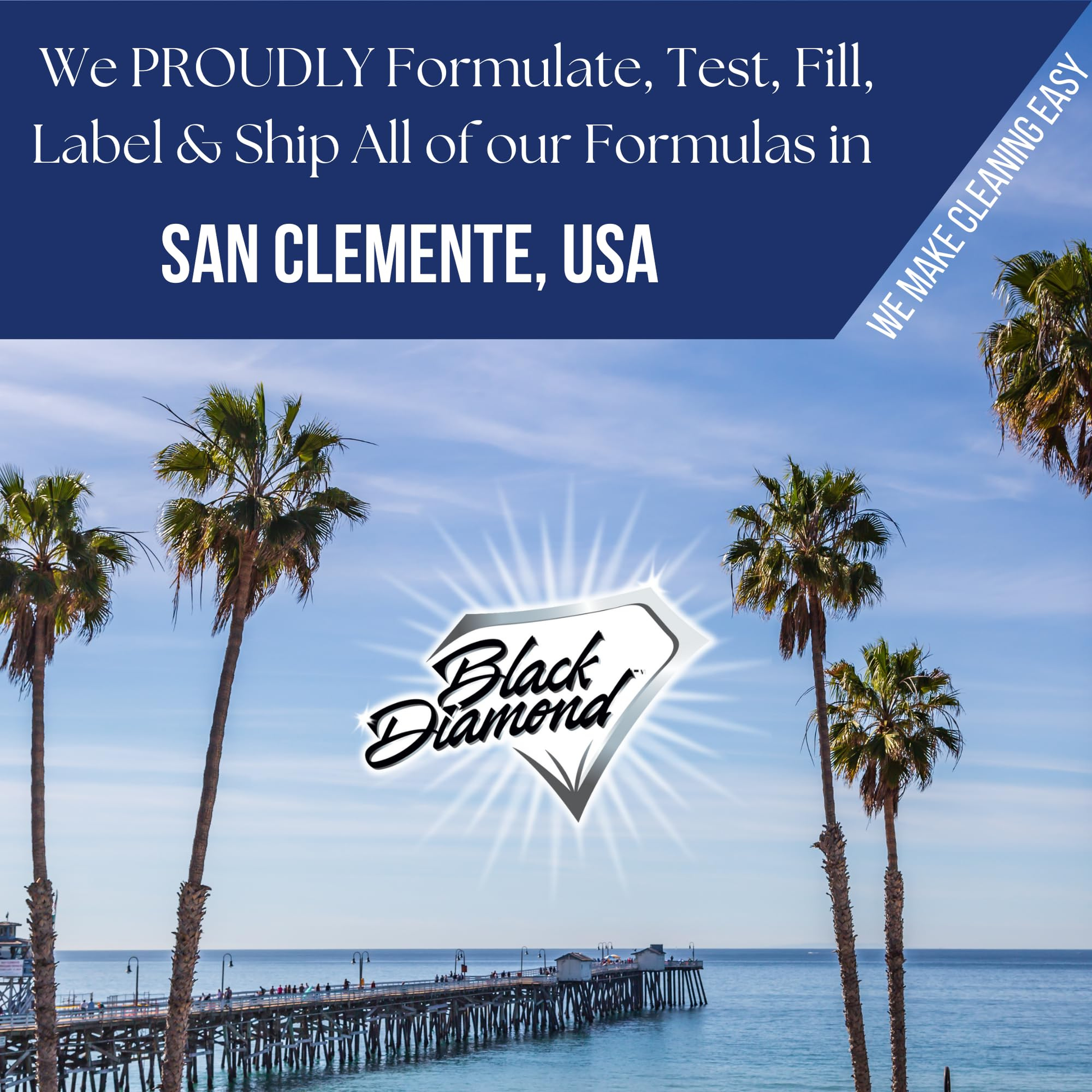 Black Diamond logo with palm trees and a pier in San Clemente, USA