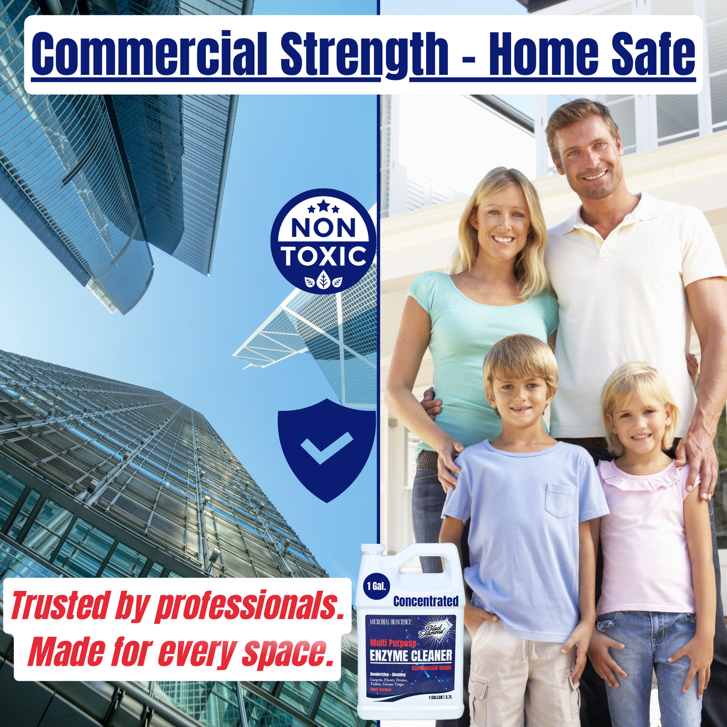 Multi-purpose enzyme cleaner being safe for use in a home and strong enough for commercial jobs
