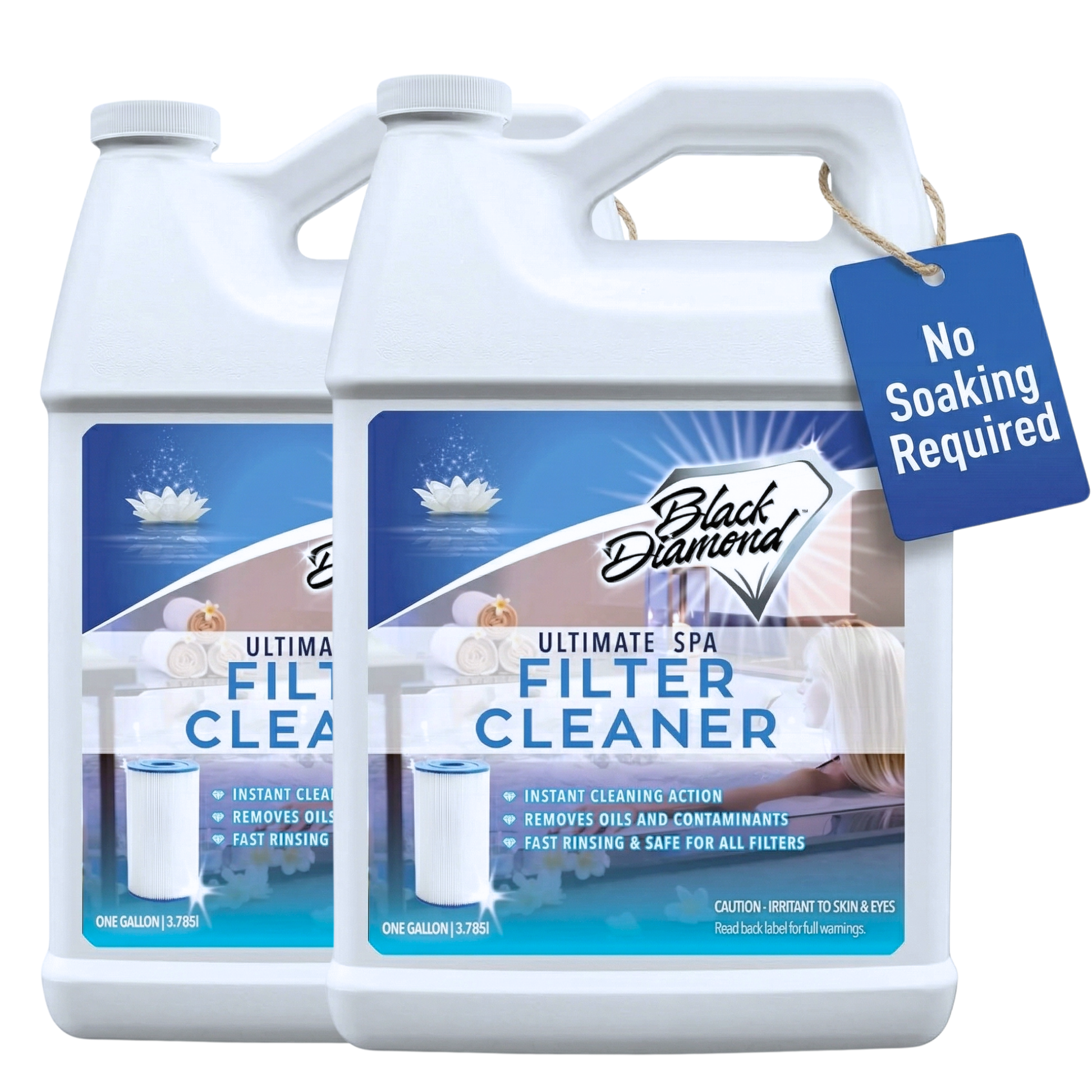 Two bottles of Black Diamond Ultimate Spa Filter Cleaner with a tag indicating 'No Soaking Required' on a white background.