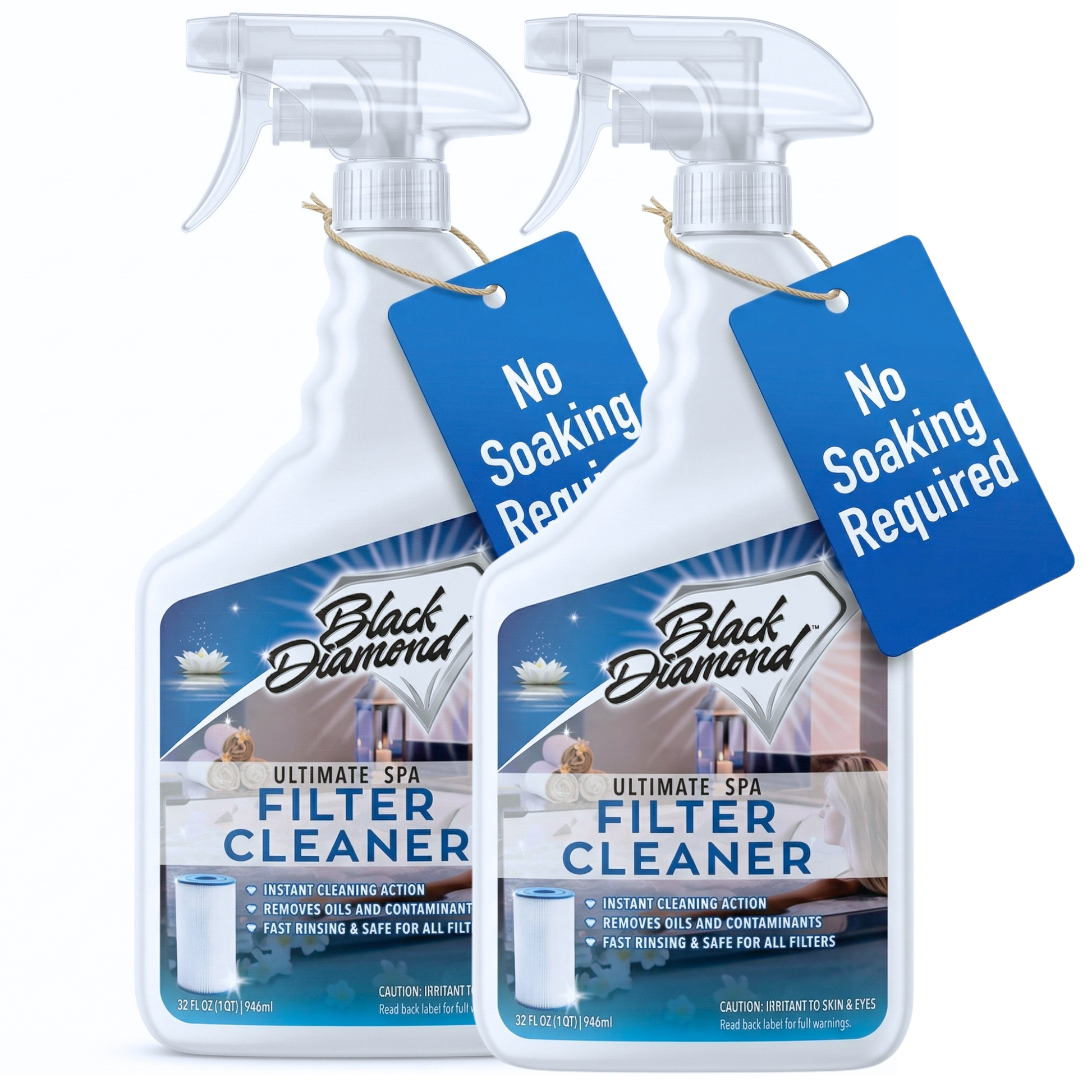 Two bottles of Black Diamond Ultimate Spa Filter Cleaner with blue tags indicating 'No Soaking Required'.