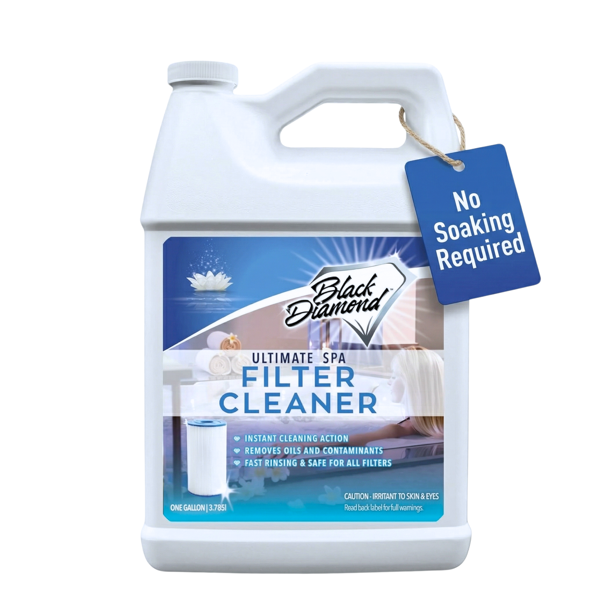 Gallon container of Black Diamond Ultimate Spa Filter Cleaner with a 'No Soaking Required' tag on a white background.