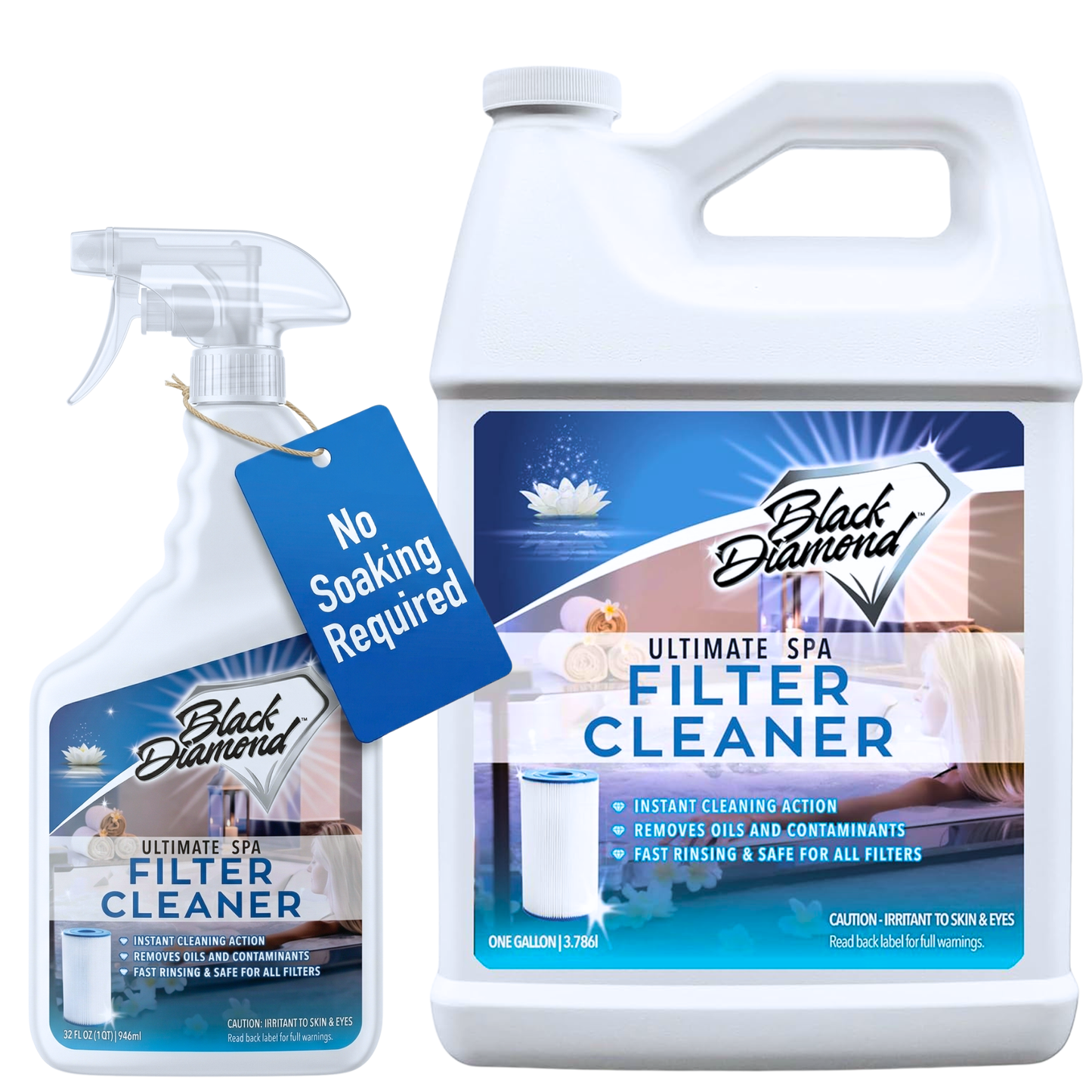 Black Diamond Ultimate Spa Filter Cleaner spray bottle and gallon jug on a white background