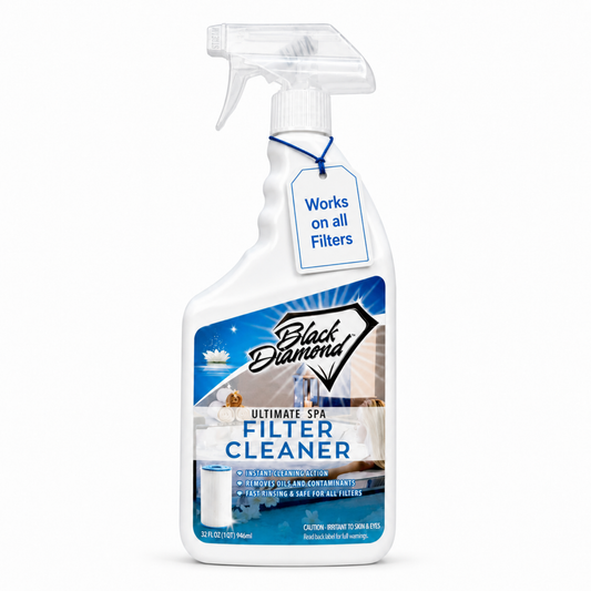 A 32 oz spray bottle of Black Diamond Ultimate Spa Filter Cleaner on a white background. The bottle is white with a clear trigger spray top and a blue-and-white hanging tag that reads 'Works on all Filters'.