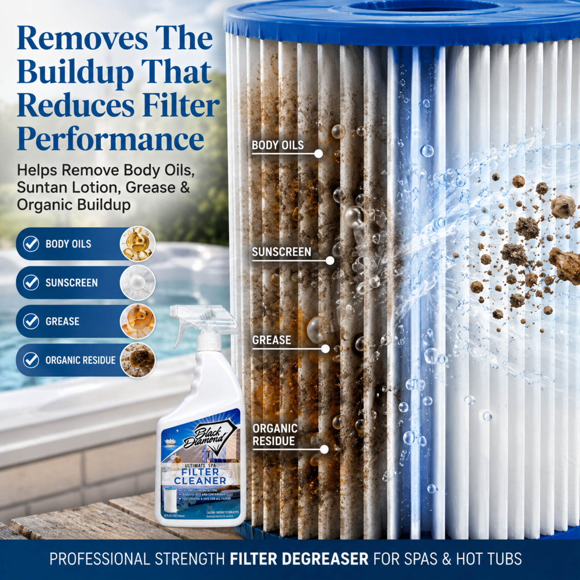 A bottle of Black Diamond Stoneworks Filter Cleaner shown next to a large close-up of a pool filter cartridge with labels pointing to body oils, sunscreen, grease, and organic residue. Text on the image explains that the product removes buildup that reduces filter performance.