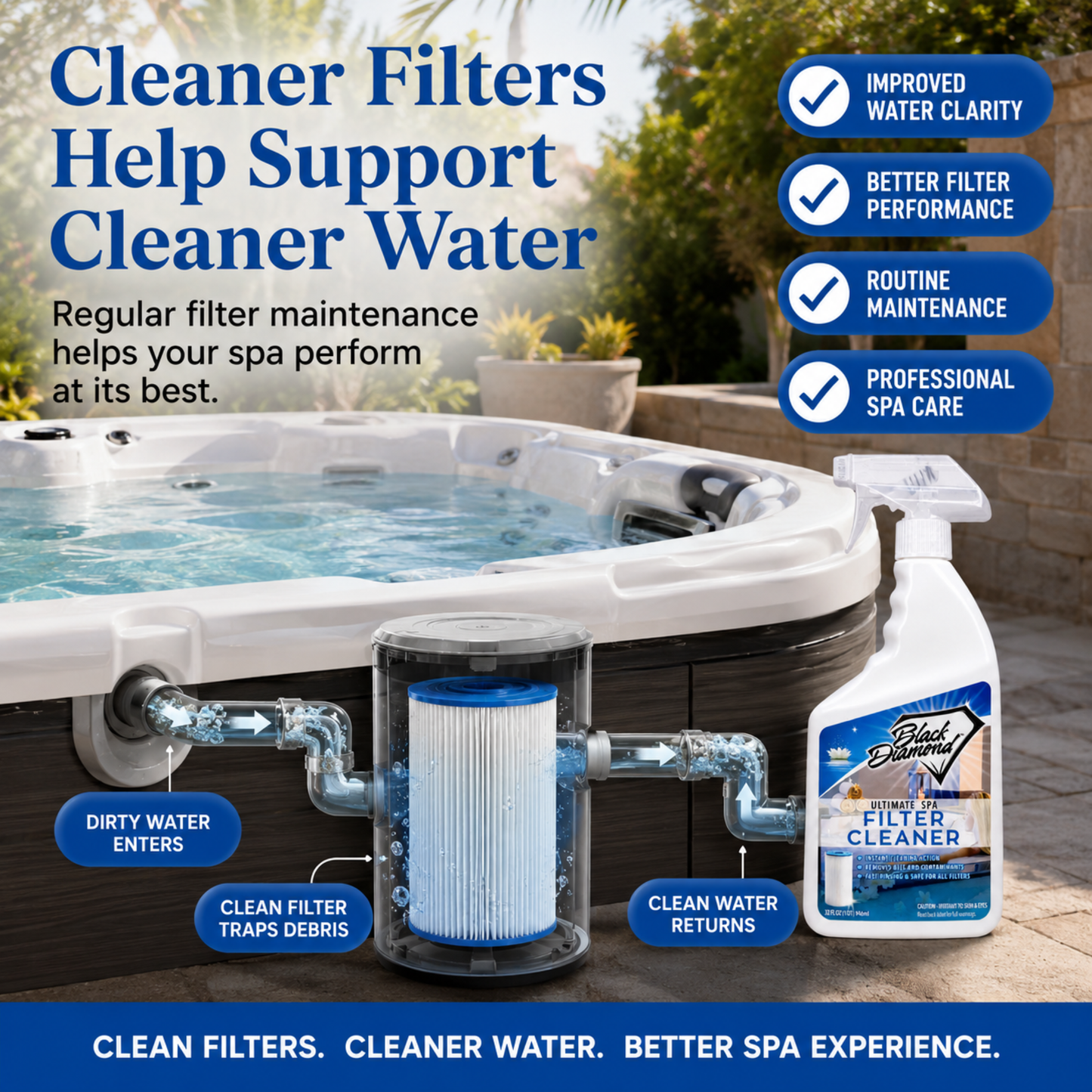 Black Diamond Stoneworks Filter Cleaner showing how it increases the clarity and cleanliness of the water to regularly clean your pool and spa filter. 