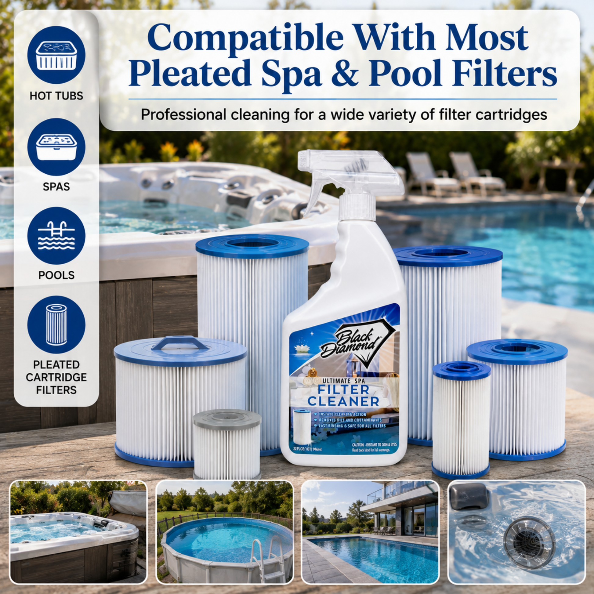 Black Diamond Pool Filter Cleaner bottle and multiple pleated filter cartridges displayed in front of a swimming pool, with text stating compatibility with most pleated spa and pool filters and small inset photos of pool and hot tub scenes.