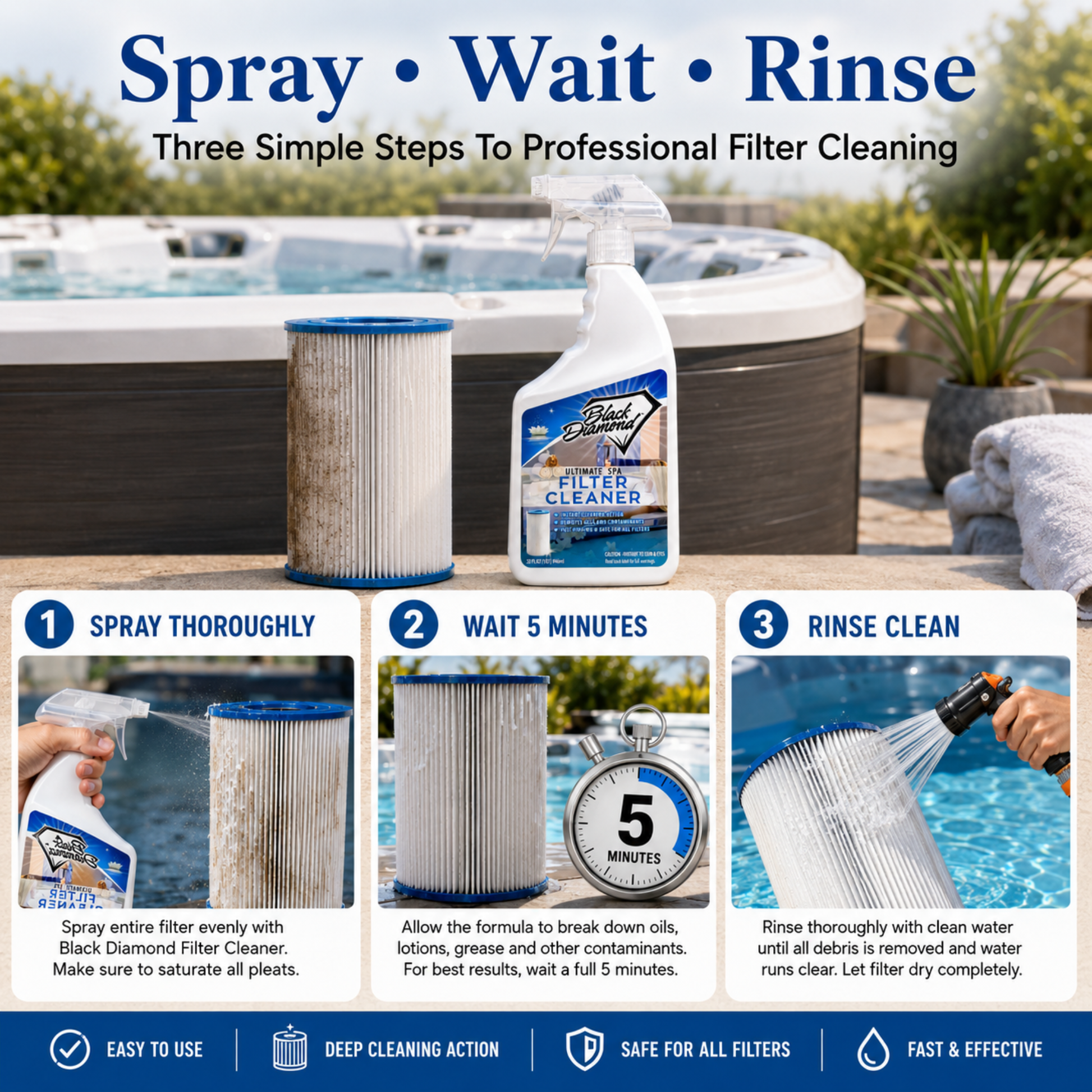 Black Diamond Stoneworks pool filter cleaning product. The photo illustrates how it only takes 3 simple steps to clean your pool filter with this cleaner. Spray, wait 5 mins and then rinse off for a perfectly clean filter. 