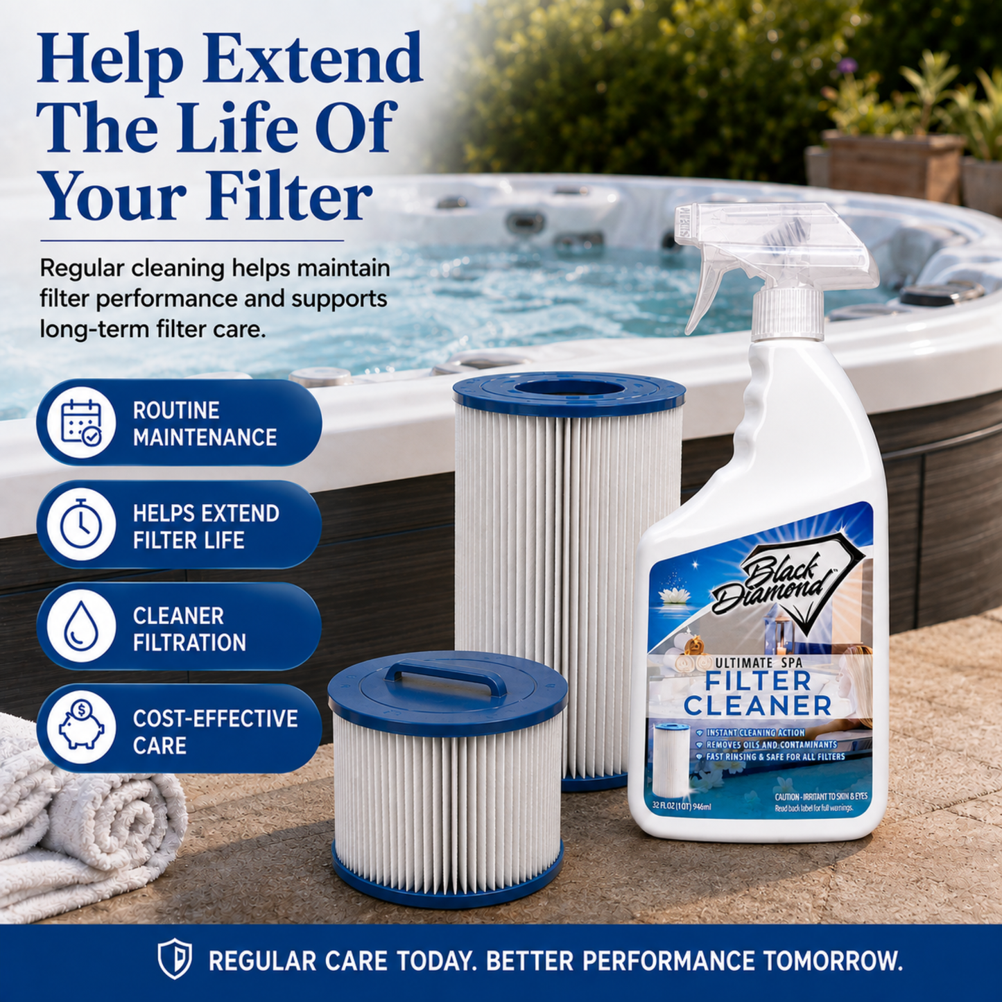 A bottle of Black Diamond Ultimate Filter Cleaner arranged on a patio in front of a hot tub, with large promotional text and feature icons explaining how this product helps extend the life of your filter and helps maintain efficiency of your pool equipment. 
