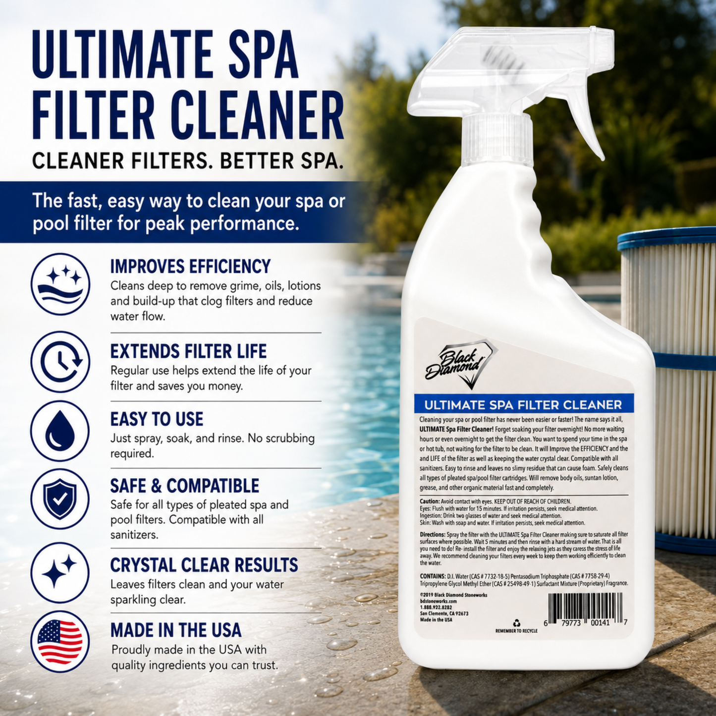 Ultimate Spa Filter Cleaner back label showing the ingredients and directions for using spa filter cleaner.