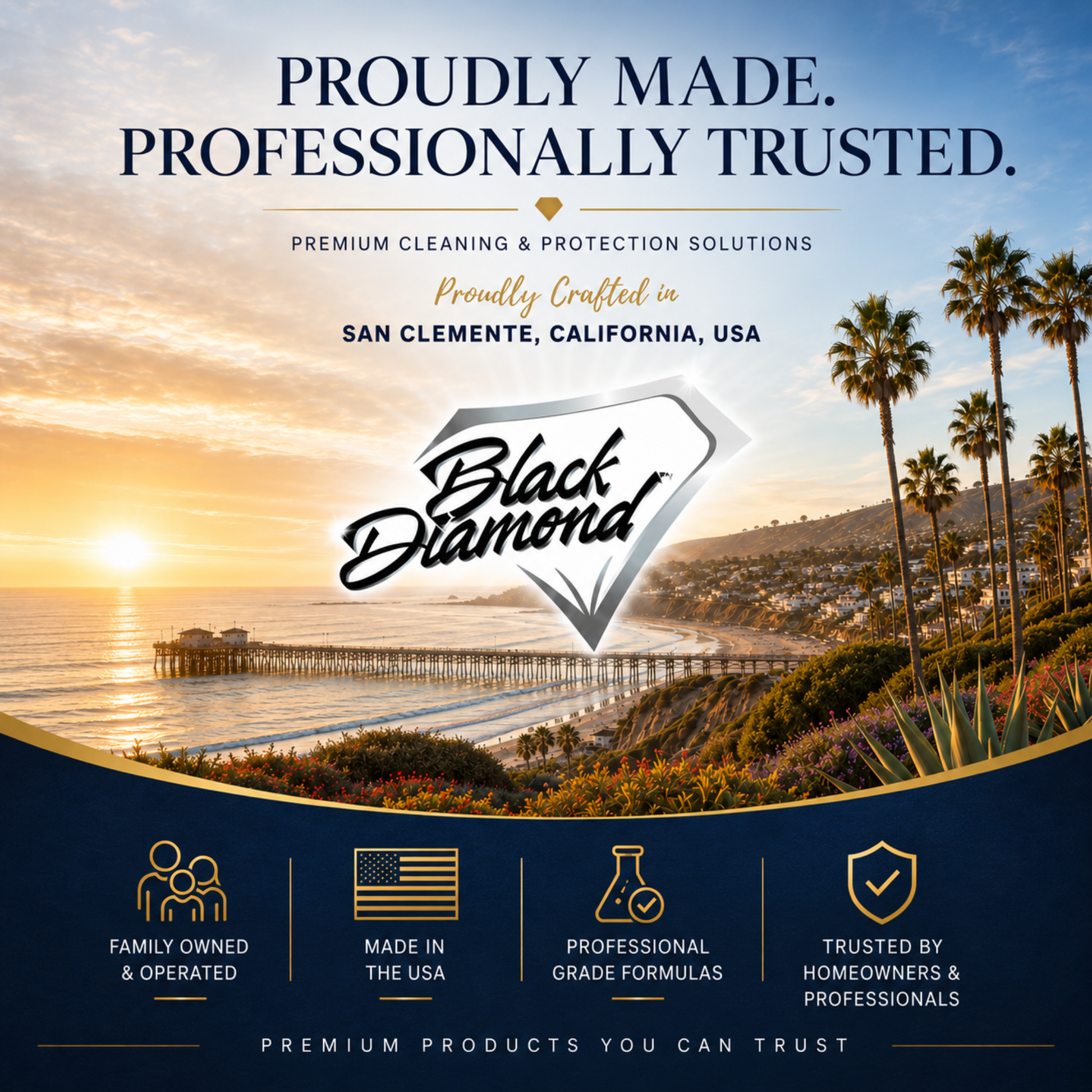 Promotional graphic for Black Diamond cleaning products, featuring a scenic sunset over the Pacific Coast Highway in San Clemente, California, where their company was founded and currently operates out of with a pier, palm trees, and a large Black Diamond logo. 