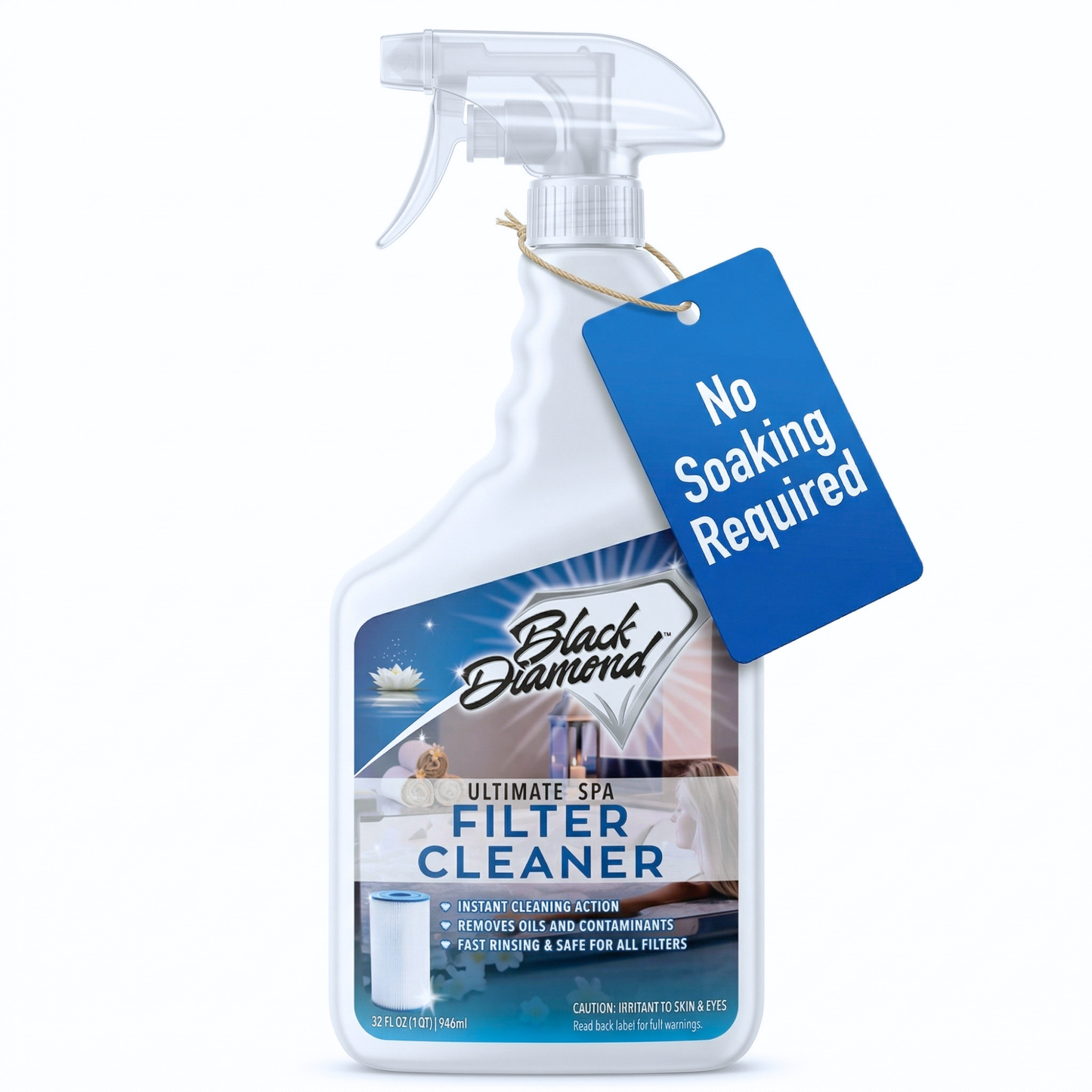 Black Diamond filter cleaner spray bottle with a blue tag on a white background