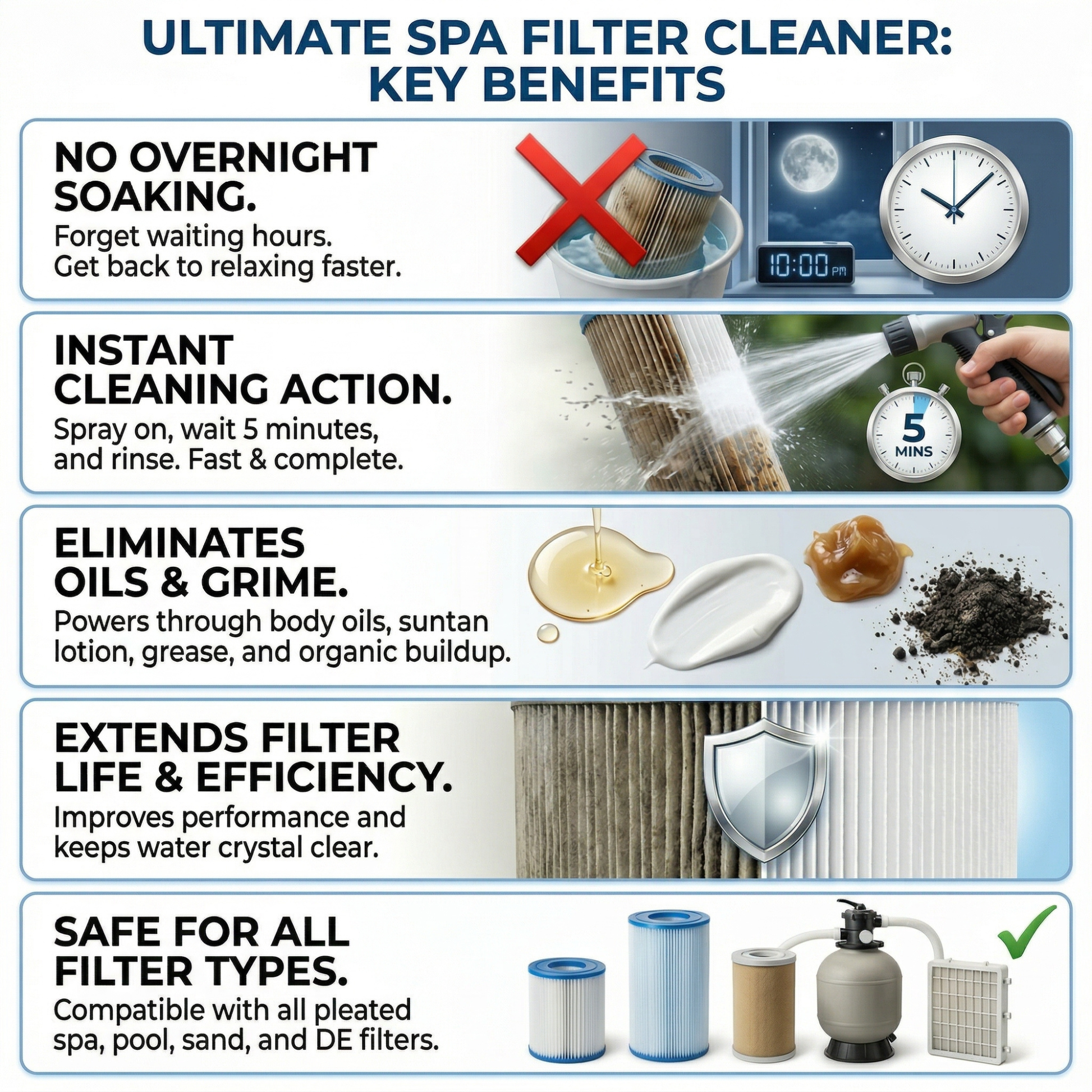 Advertisement for a spa filter cleaner with key benefits highlighted.