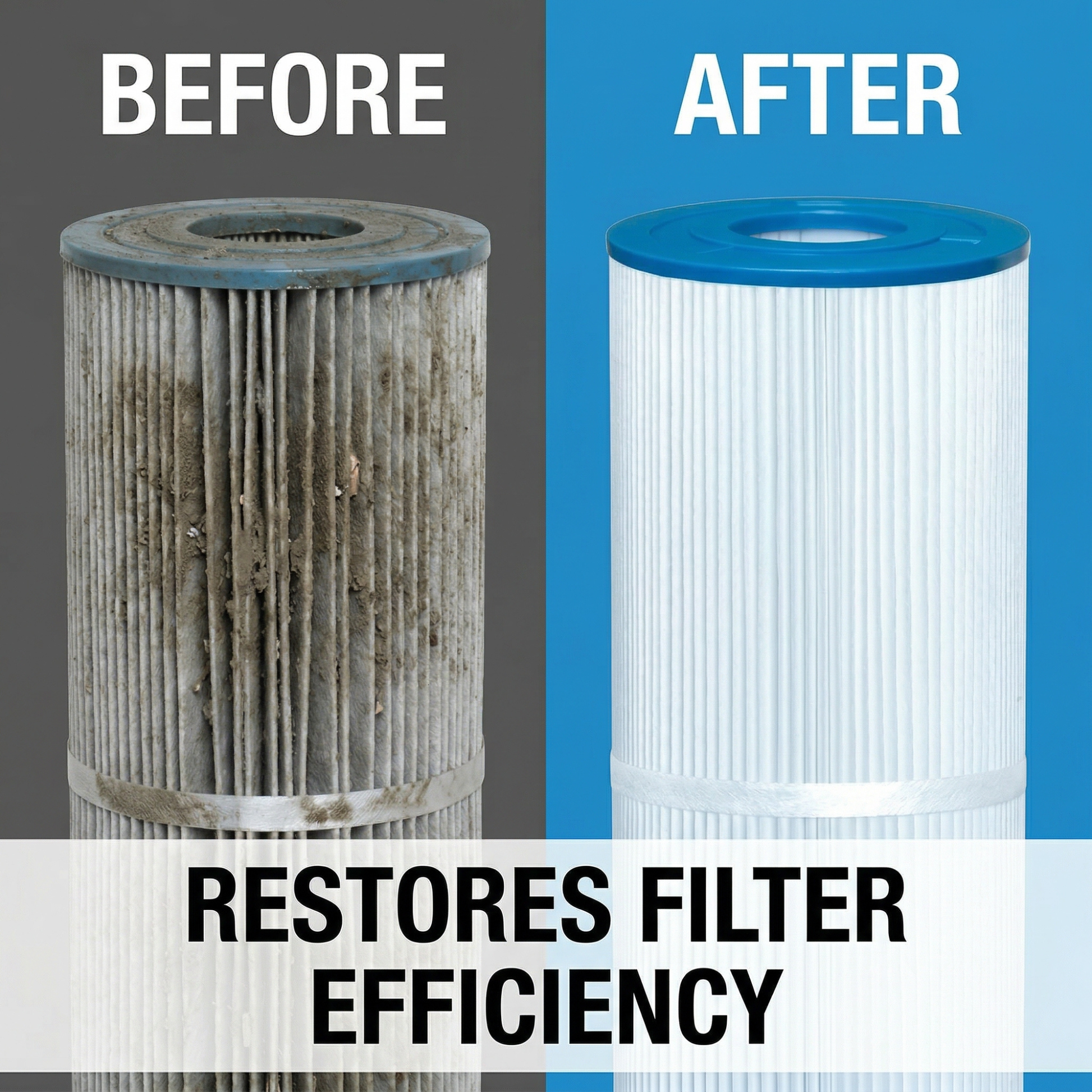 Comparison of a dirty filter on the left and a clean filter on the right with text 'Before' and 'After' above, and 'Restores Filter Efficiency' below.