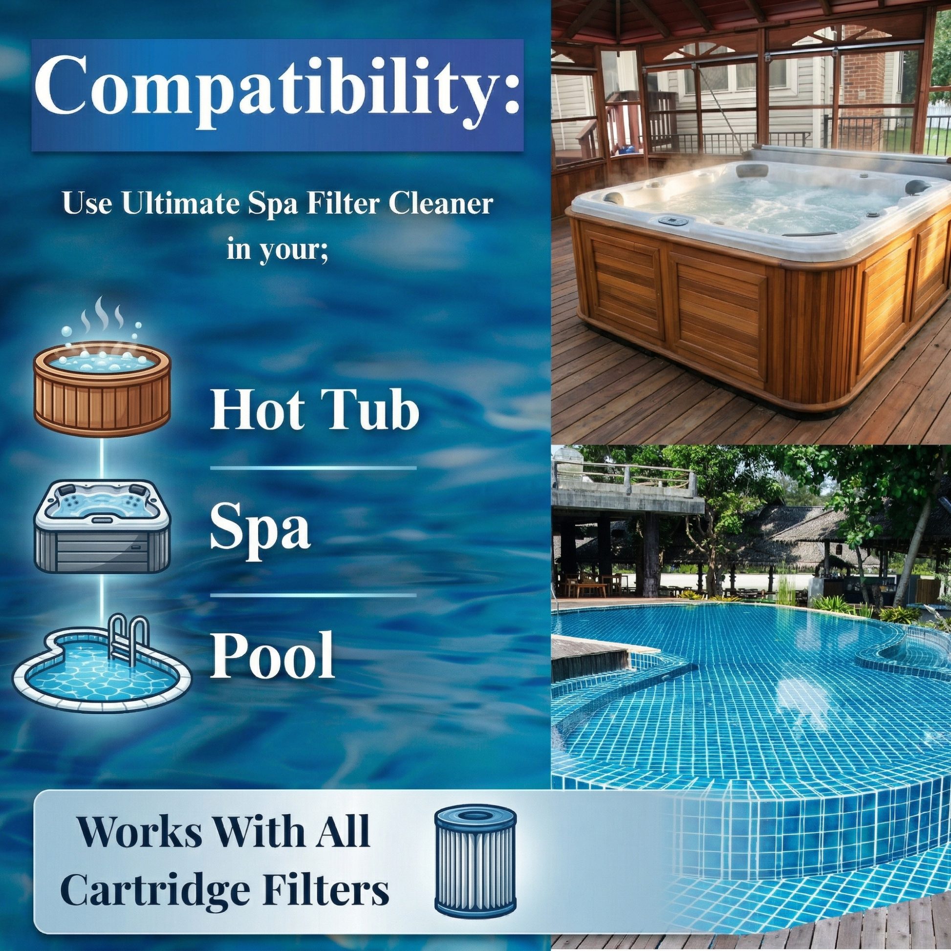 Advertisement for a spa filter cleaner with images of hot tubs, spas, and pools.